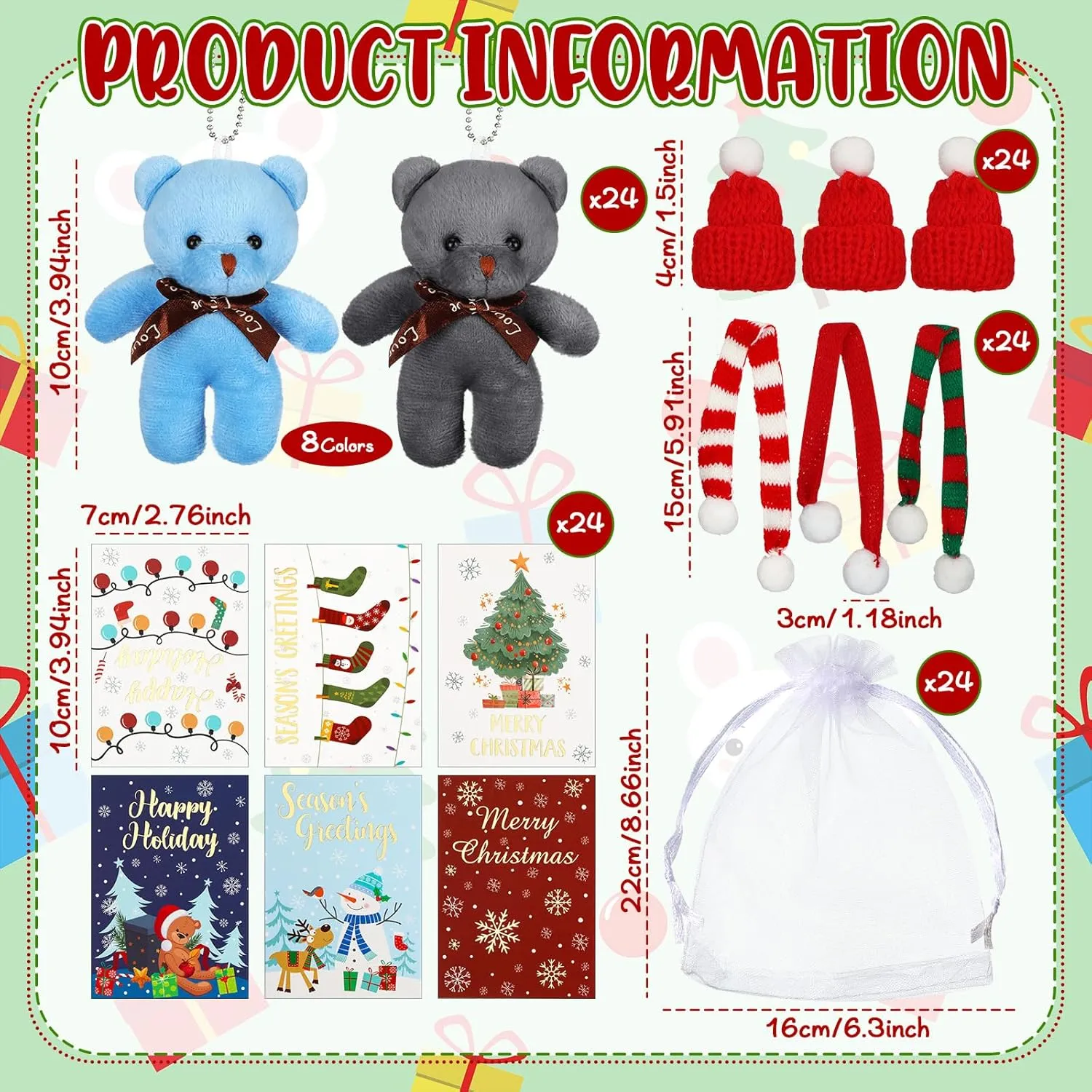 Poen 24 Set Christmas Gift 4 Inch Mini Christmas Stuffed Plush Bear with Santa Hat Scarf Cards Organza Bags Xmas Small Bear Toy Set for Holiday Party Favor(Vibrant Style)