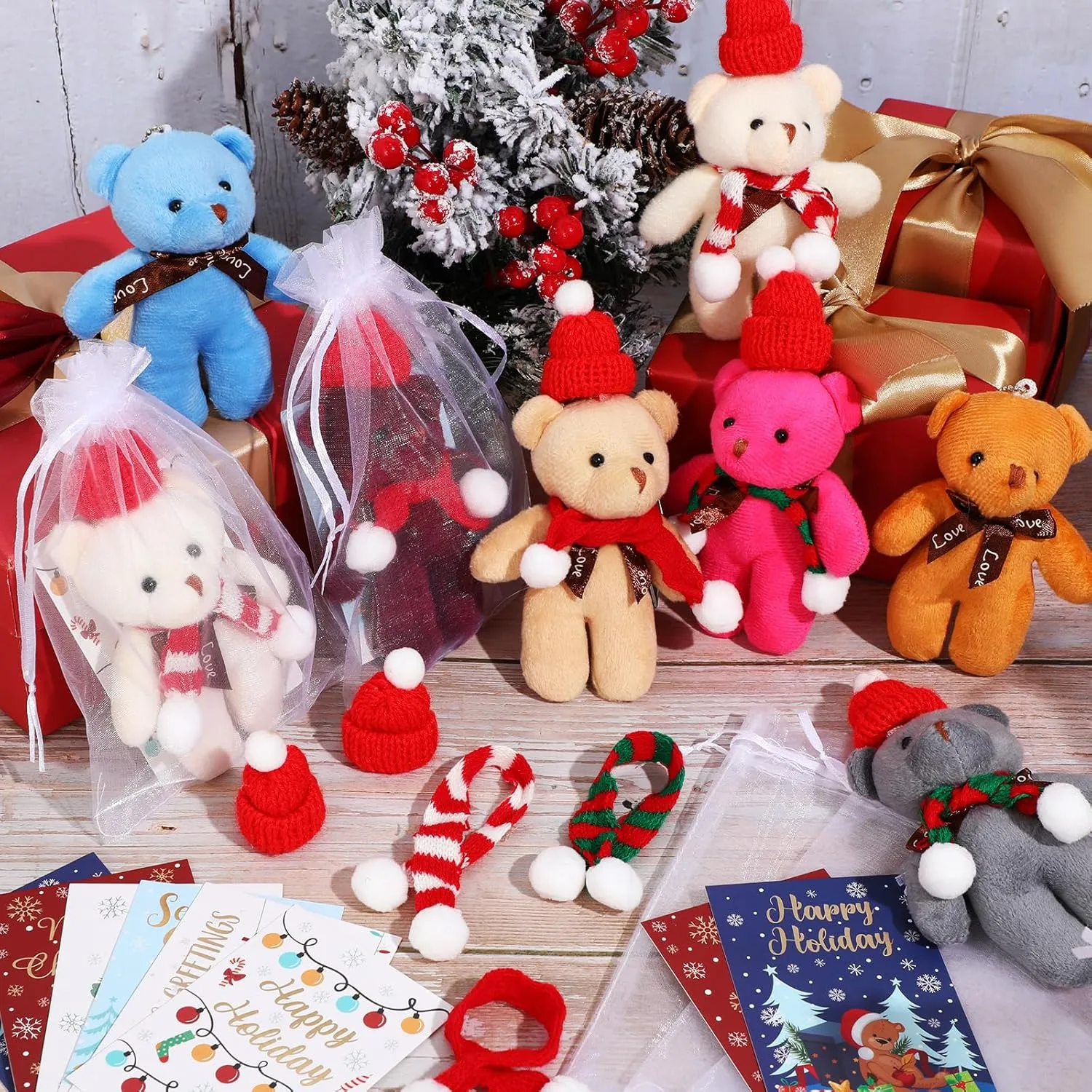 Poen 24 Set Christmas Gift 4 Inch Mini Christmas Stuffed Plush Bear with Santa Hat Scarf Cards Organza Bags Xmas Small Bear Toy Set for Holiday Party Favor(Vibrant Style)