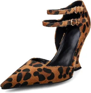Pointed Closed Toe Wedge Heels for Women, Sexy Patent Leather Buckle Strap Office Dress Pumps Shoes