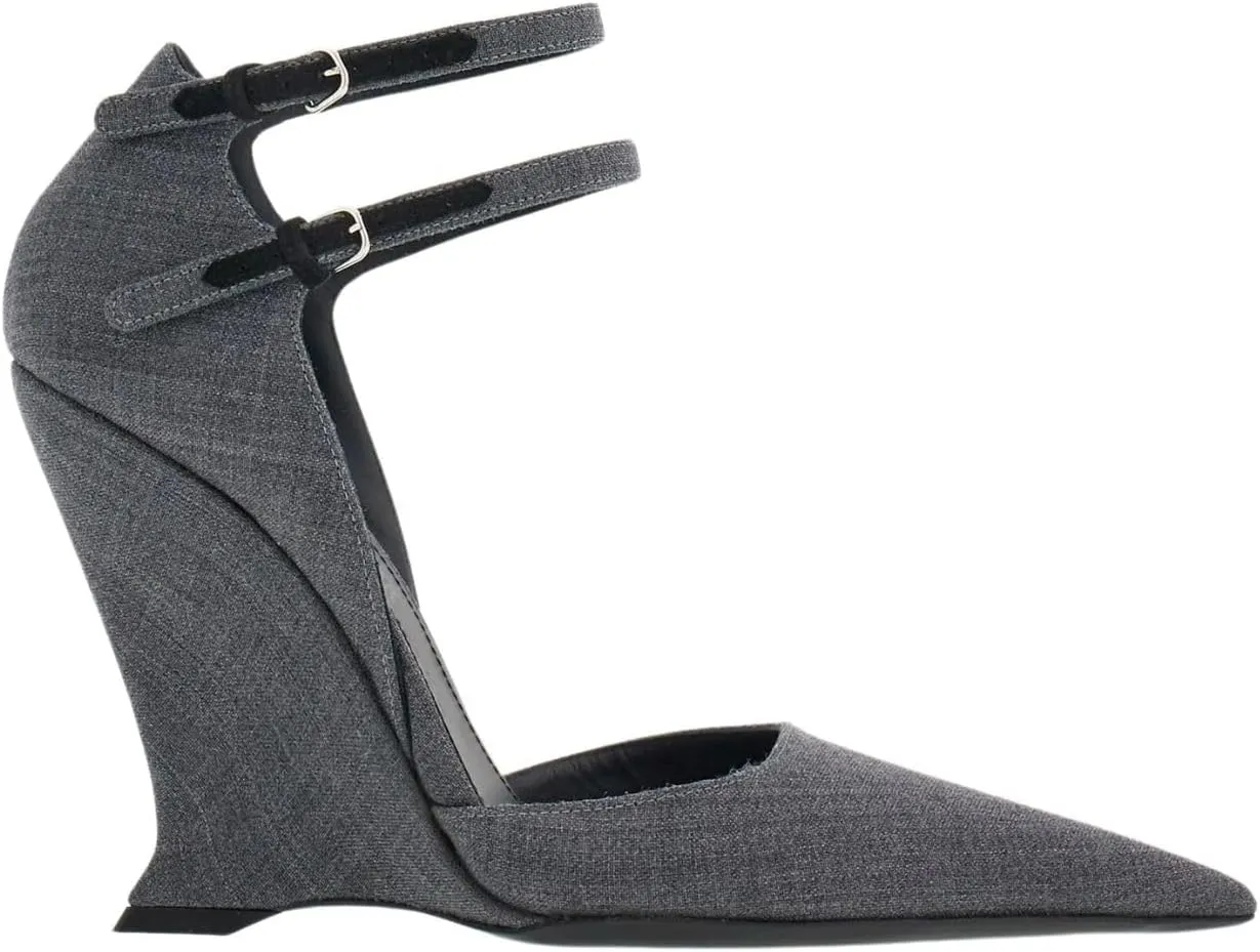 Pointed Closed Toe Wedge Heels for Women, Sexy Patent Leather Buckle Strap Office Dress Pumps Shoes