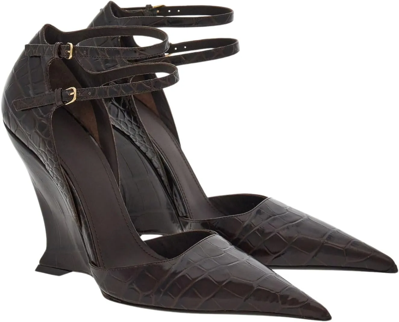 Pointed Closed Toe Wedge Heels for Women, Sexy Patent Leather Buckle Strap Office Dress Pumps Shoes