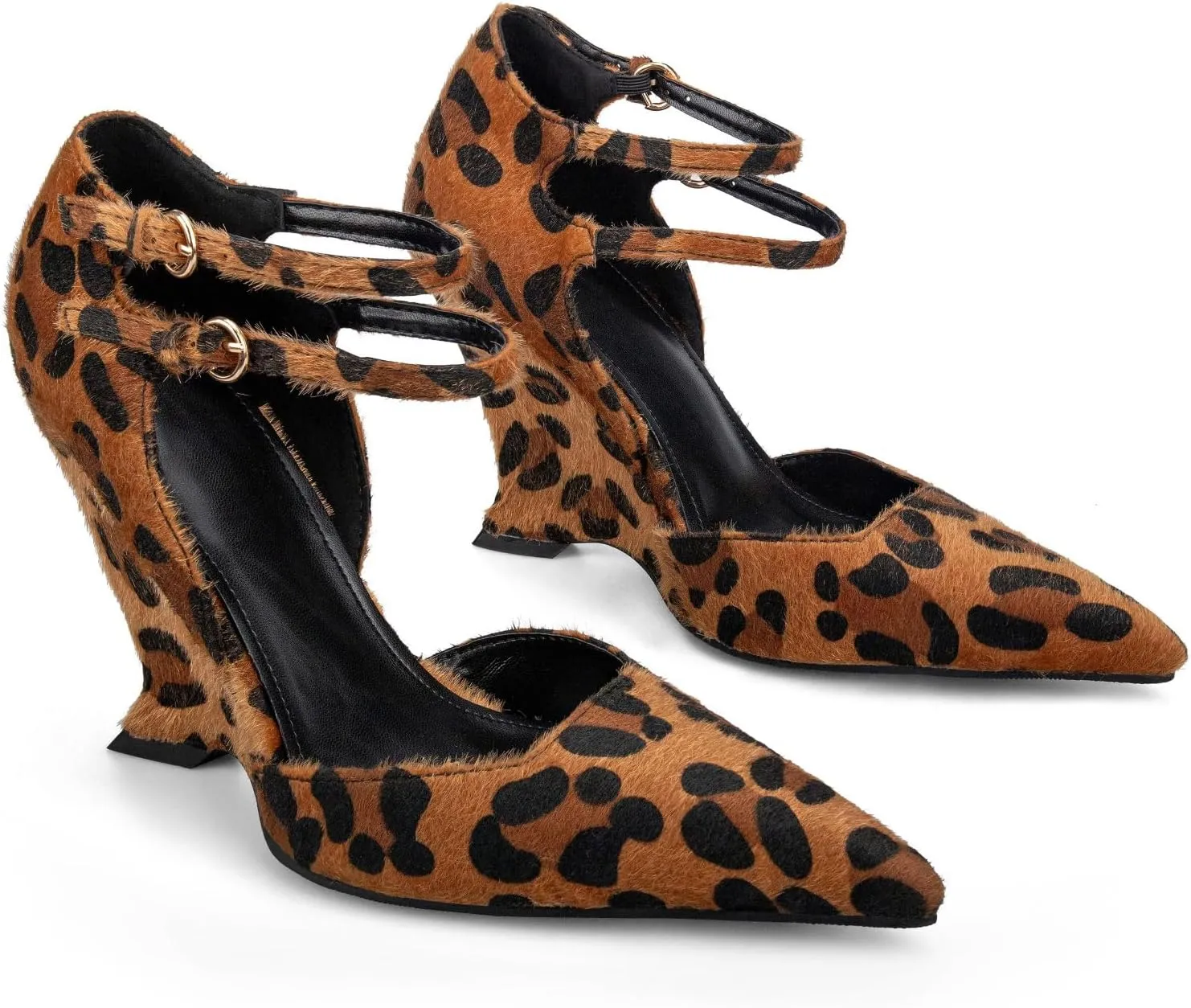 Pointed Closed Toe Wedge Heels for Women, Sexy Patent Leather Buckle Strap Office Dress Pumps Shoes