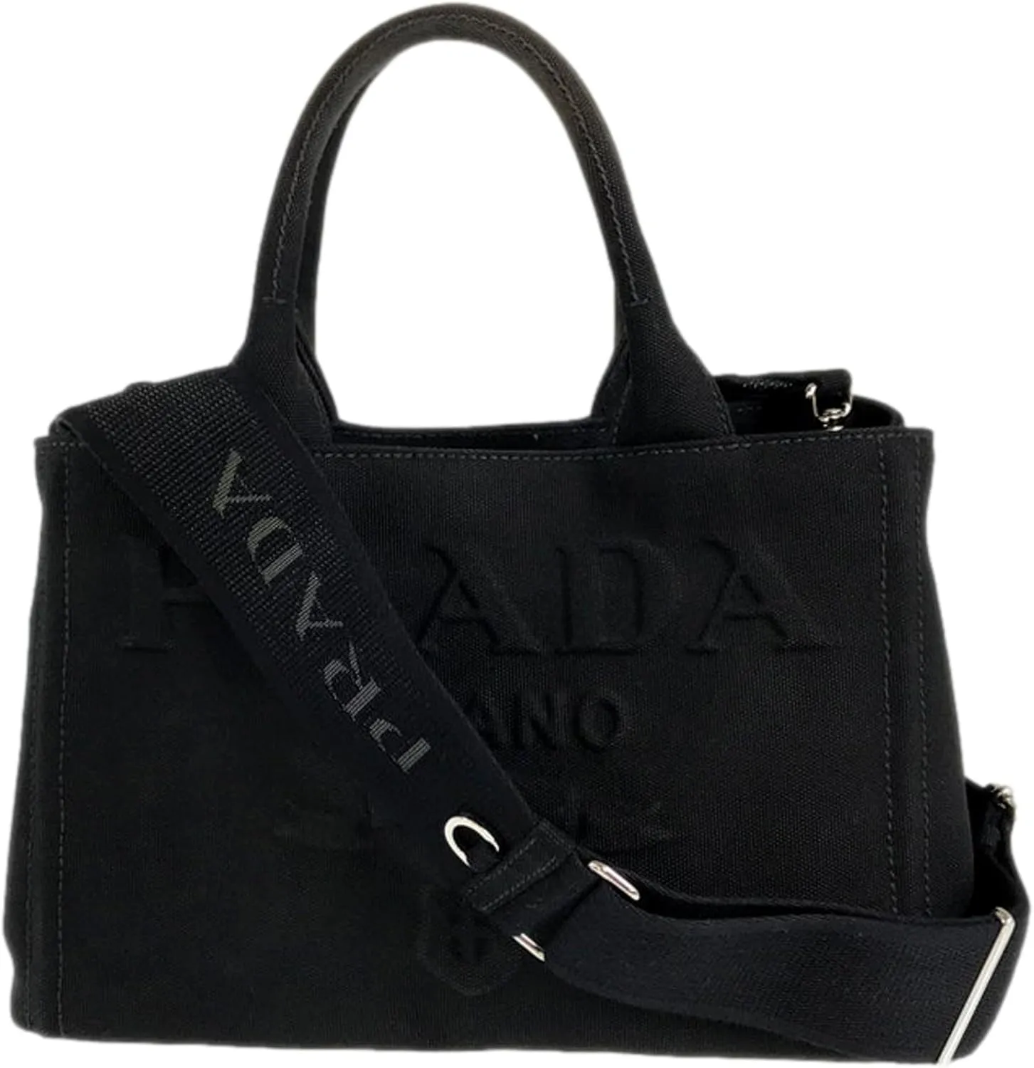 Prada Canvas Tote Bag, Black, Silver Hardware, Adjustable Strap