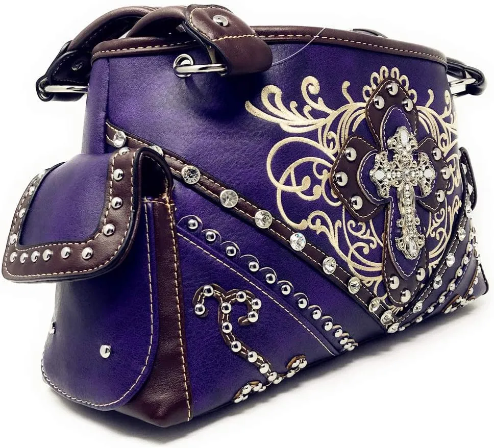 Premium Rhinestone Cross Western Embroidered Concealed Carry Handbag Purse in 6 colors