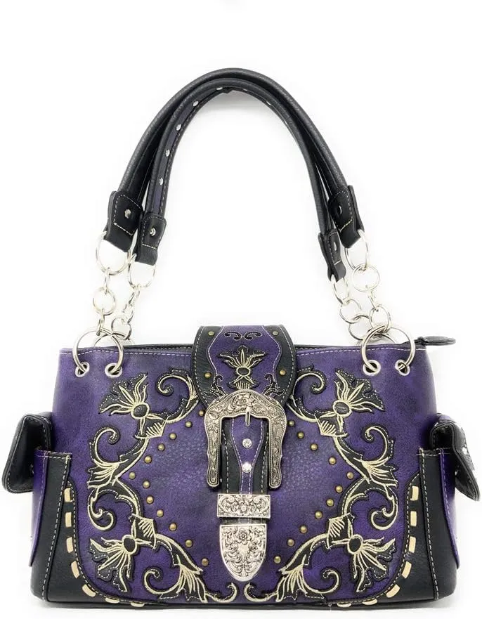 Premium Western Rhinestone Concealed Carry Buckle Floral Womens Shoulder Handbag Purse in Multi Color