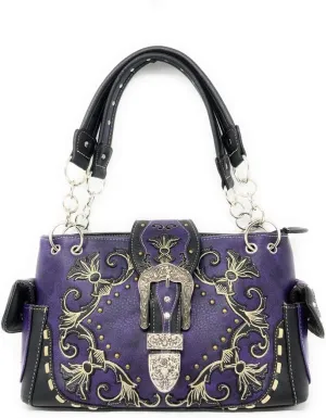 Premium Western Rhinestone Concealed Carry Buckle Floral Womens Shoulder Handbag Purse in Multi Color
