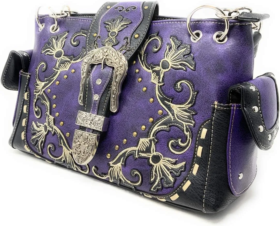 Premium Western Rhinestone Concealed Carry Buckle Floral Womens Shoulder Handbag Purse in Multi Color