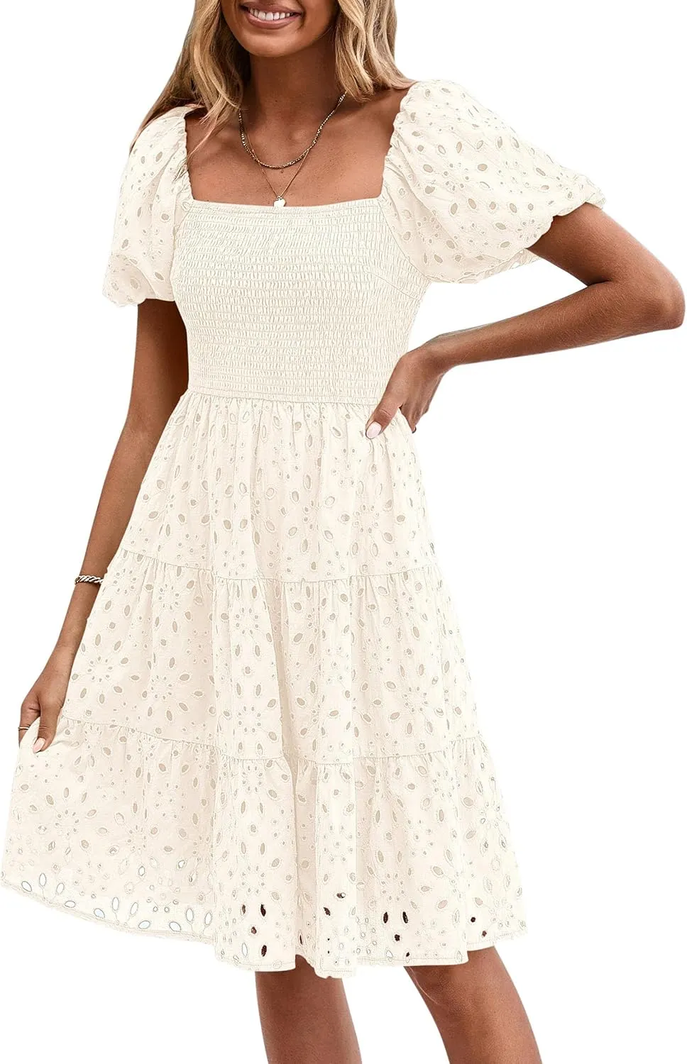 PRETTYGARDEN Womens Summer Puff Sleeve Mini Dress Off Shoulder Eyelet Smocked A Line Casual Babydoll Short Dresses