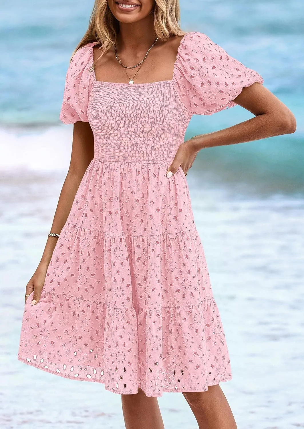 PRETTYGARDEN Womens Summer Puff Sleeve Mini Dress Off Shoulder Eyelet Smocked A Line Casual Babydoll Short Dresses