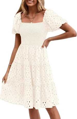 PRETTYGARDEN Womens Summer Puff Sleeve Mini Dress Off Shoulder Eyelet Smocked A Line Casual Babydoll Short Dresses