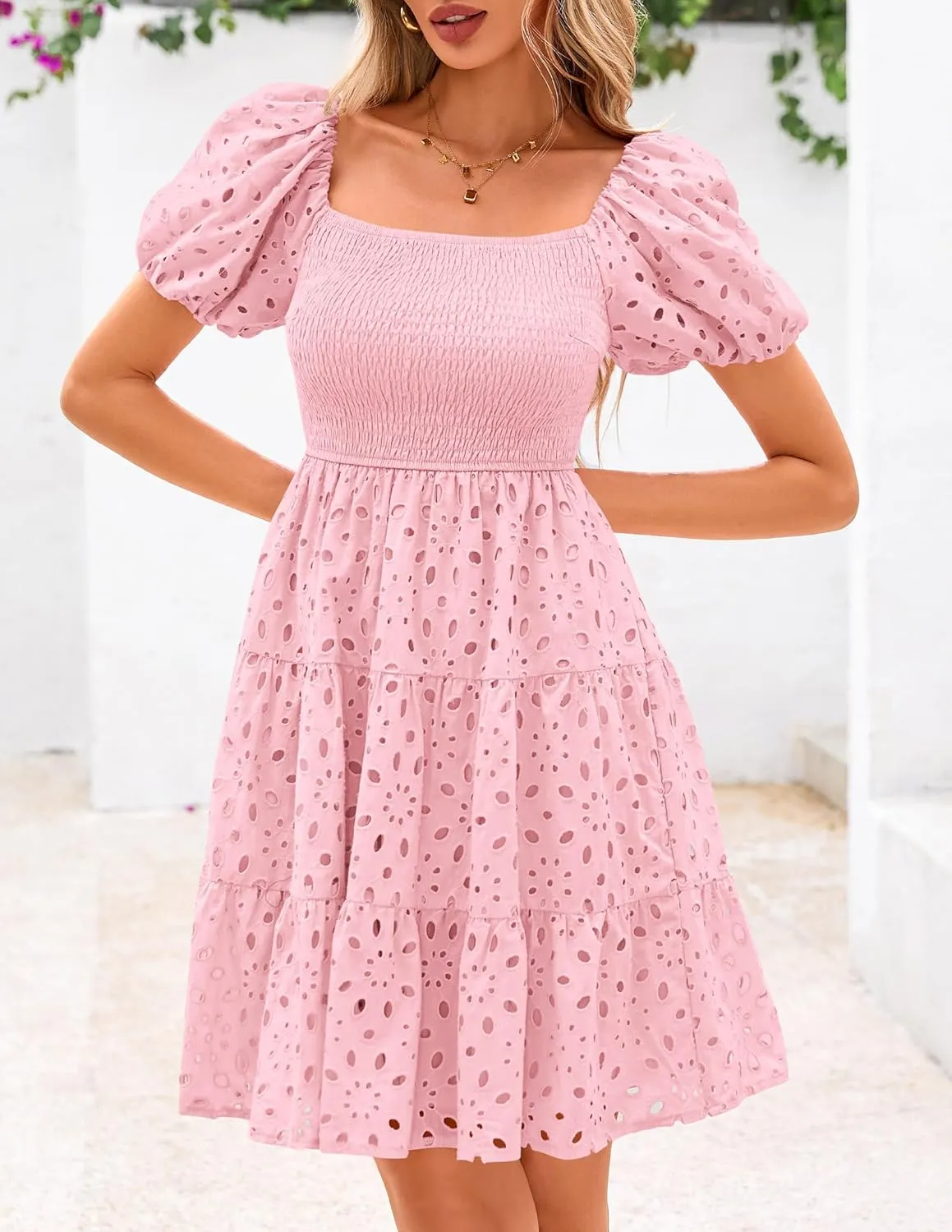 PRETTYGARDEN Womens Summer Puff Sleeve Mini Dress Off Shoulder Eyelet Smocked A Line Casual Babydoll Short Dresses