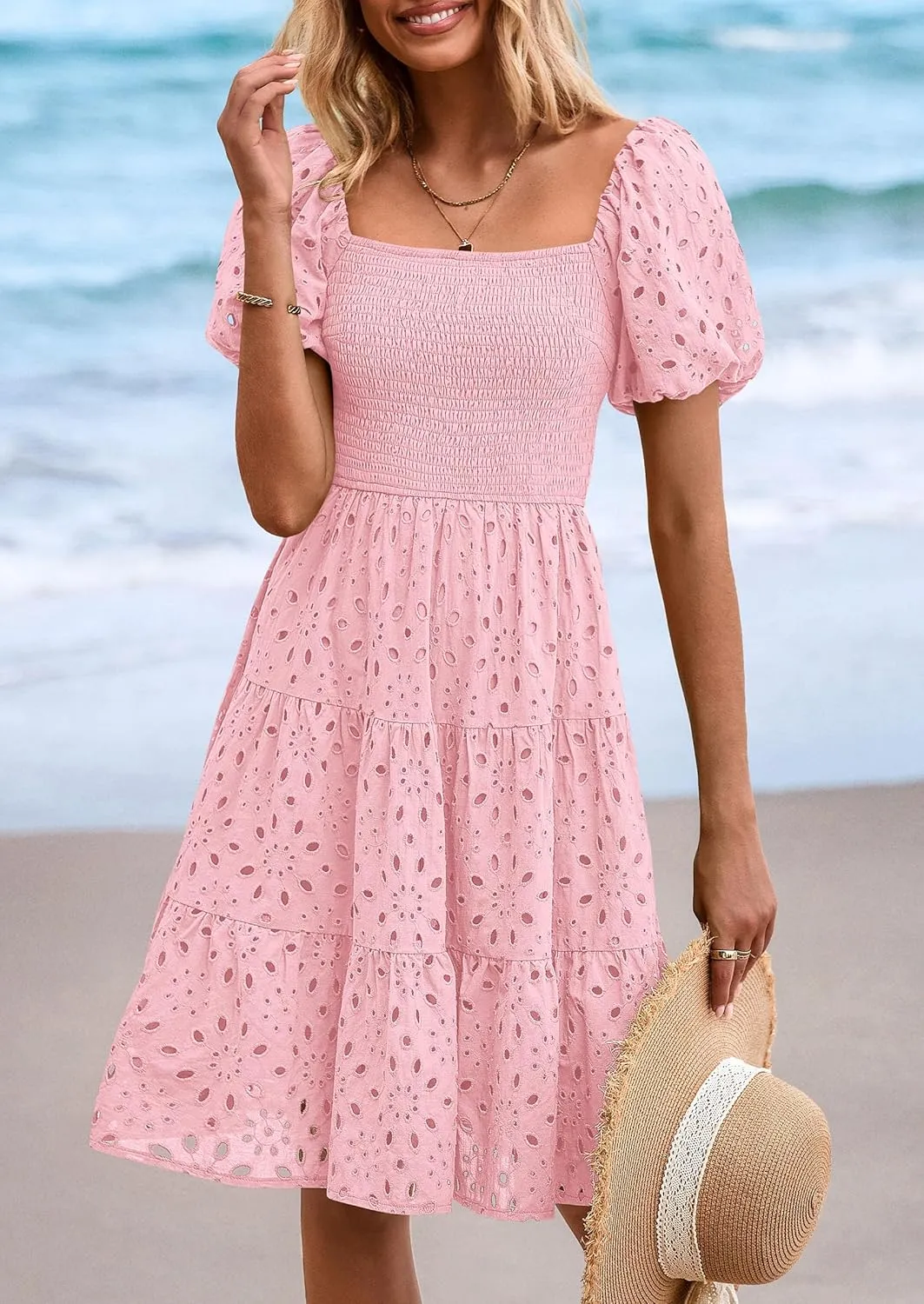 PRETTYGARDEN Womens Summer Puff Sleeve Mini Dress Off Shoulder Eyelet Smocked A Line Casual Babydoll Short Dresses