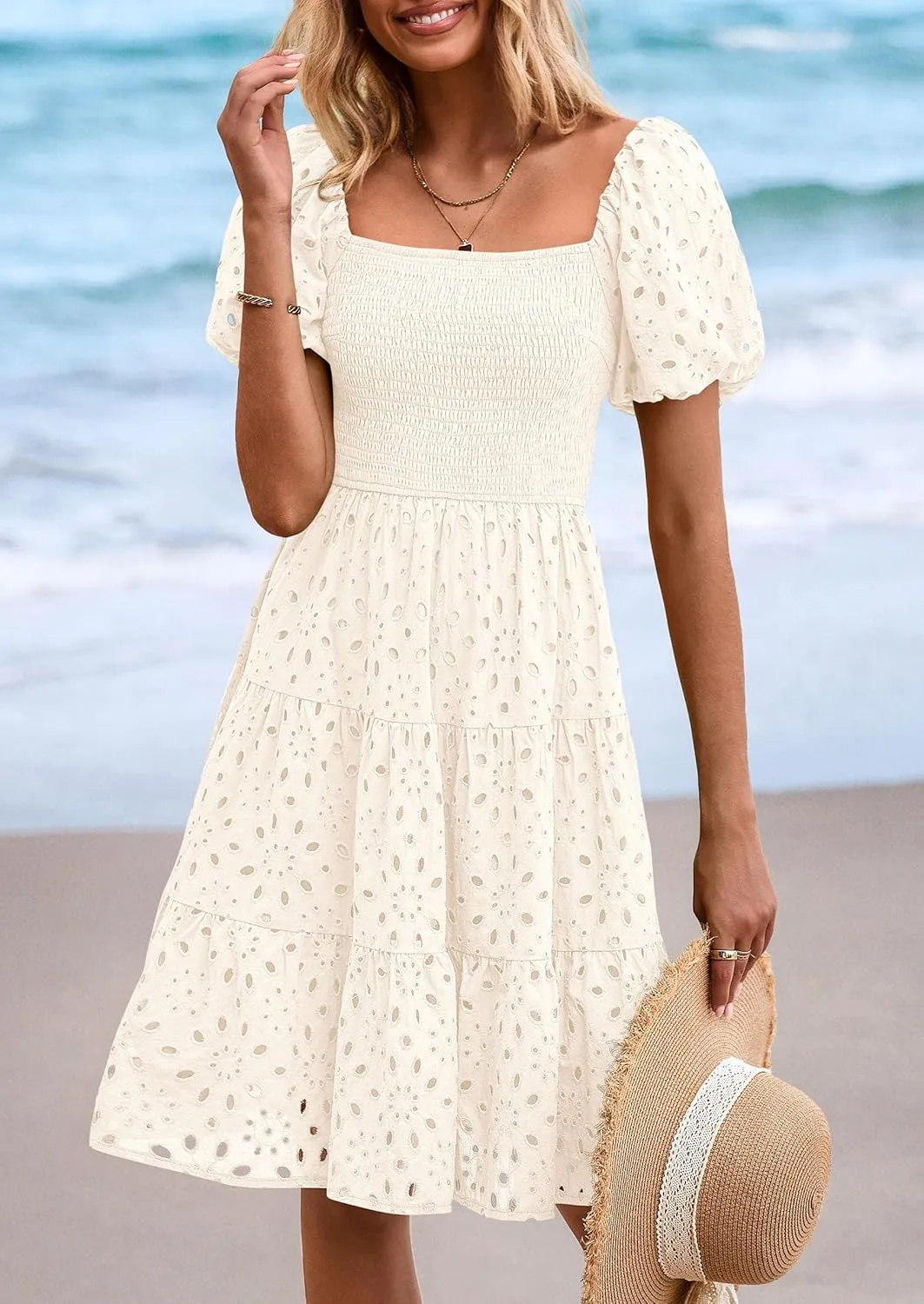 PRETTYGARDEN Womens Summer Puff Sleeve Mini Dress Off Shoulder Eyelet Smocked A Line Casual Babydoll Short Dresses