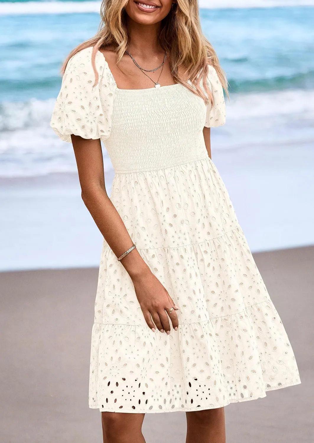 PRETTYGARDEN Womens Summer Puff Sleeve Mini Dress Off Shoulder Eyelet Smocked A Line Casual Babydoll Short Dresses