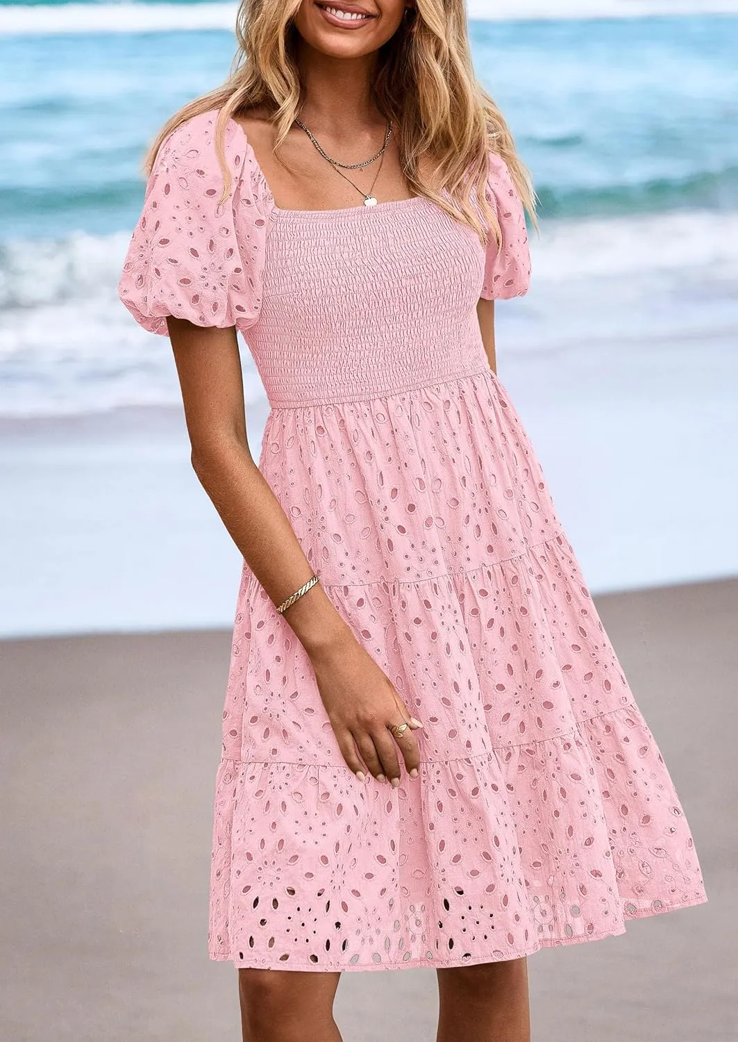 PRETTYGARDEN Womens Summer Puff Sleeve Mini Dress Off Shoulder Eyelet Smocked A Line Casual Babydoll Short Dresses