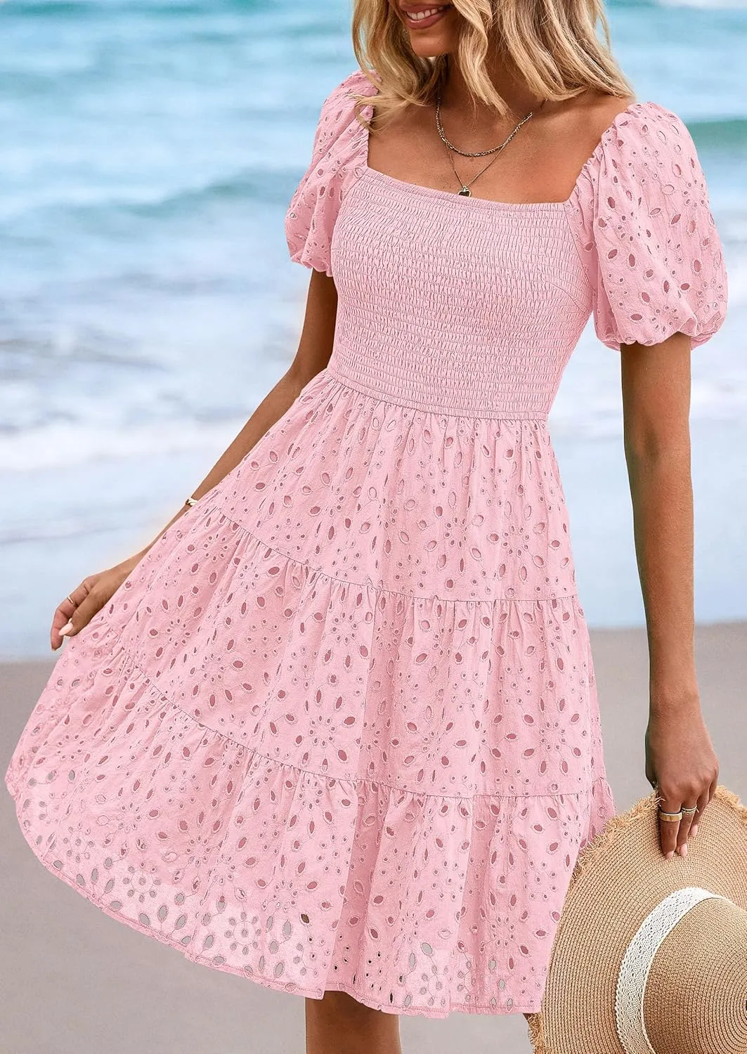 PRETTYGARDEN Womens Summer Puff Sleeve Mini Dress Off Shoulder Eyelet Smocked A Line Casual Babydoll Short Dresses