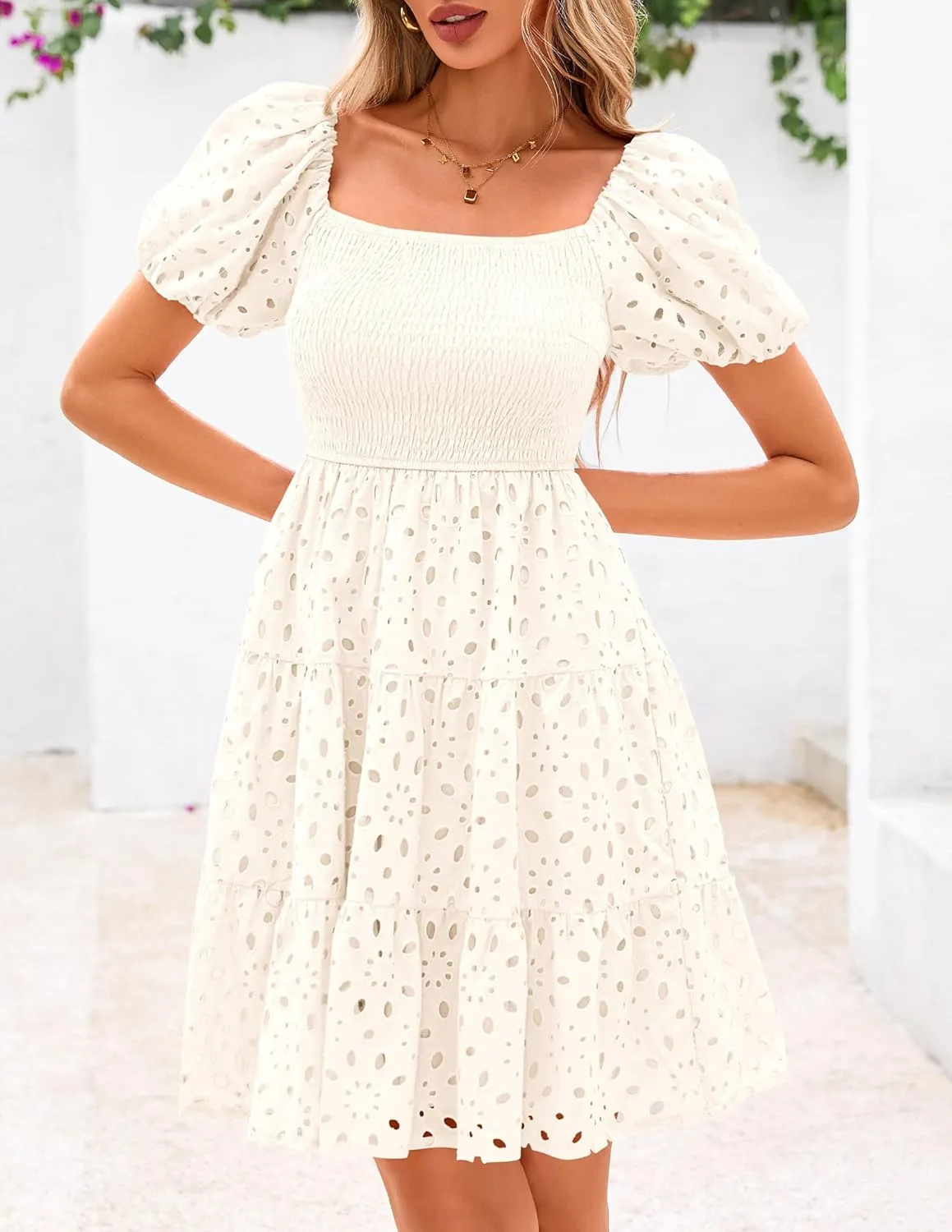 PRETTYGARDEN Womens Summer Puff Sleeve Mini Dress Off Shoulder Eyelet Smocked A Line Casual Babydoll Short Dresses