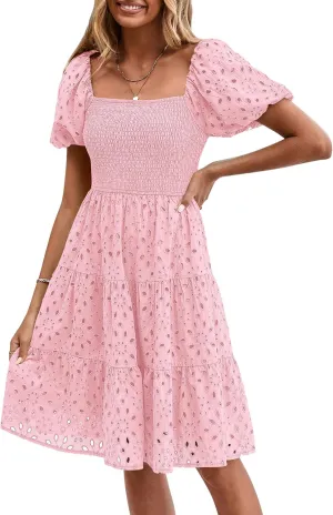 PRETTYGARDEN Womens Summer Puff Sleeve Mini Dress Off Shoulder Eyelet Smocked A Line Casual Babydoll Short Dresses