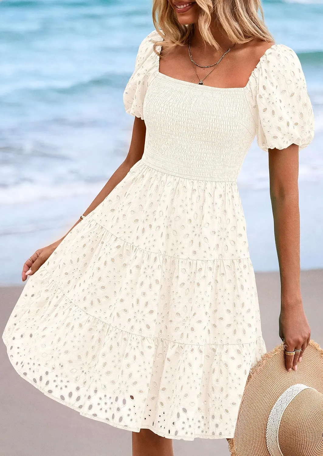 PRETTYGARDEN Womens Summer Puff Sleeve Mini Dress Off Shoulder Eyelet Smocked A Line Casual Babydoll Short Dresses