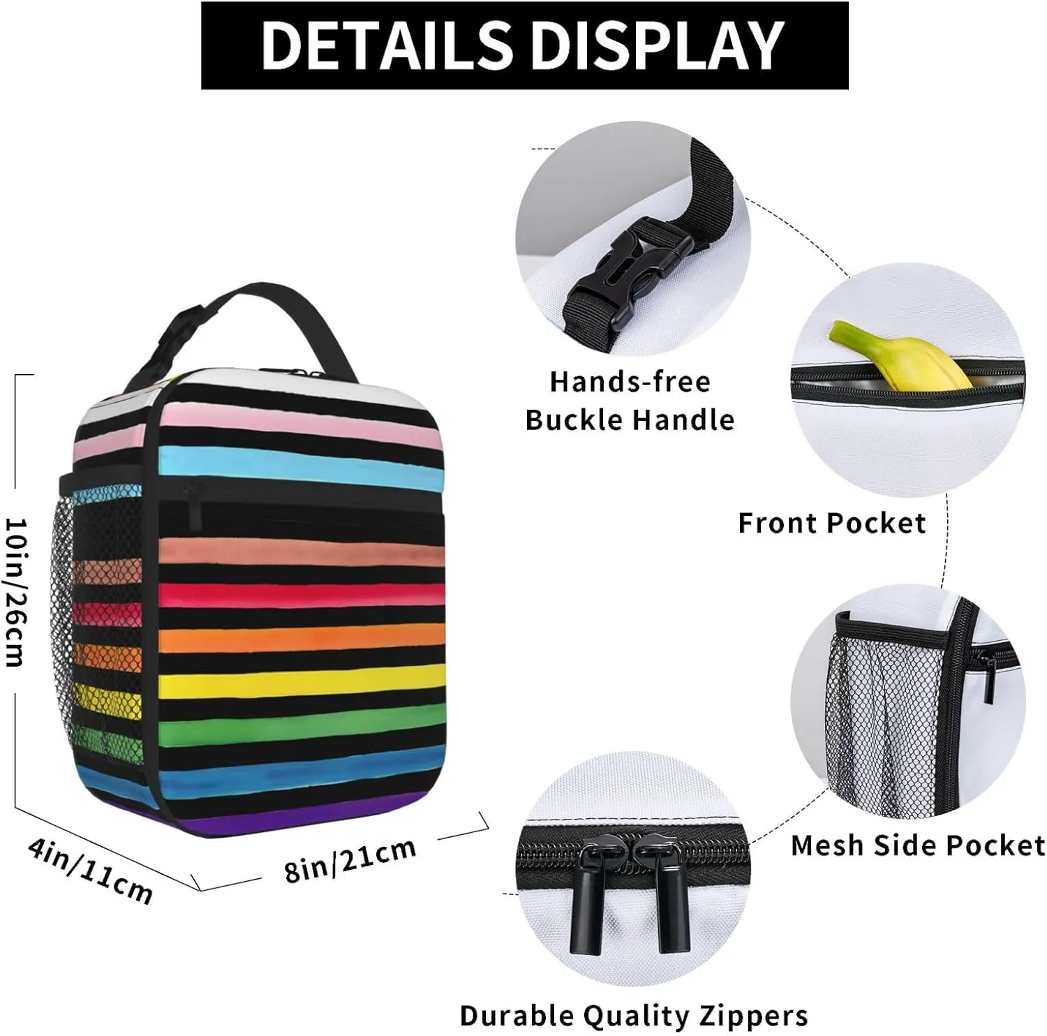 Progress Pride Stripes LGBT Rainbow Gay Insulated Lunch Bag Reusable Lunch Box Picnic Organizer Portable Tote Bags Thermal Container Ice Pack Food Handbag for Work Travel Gym