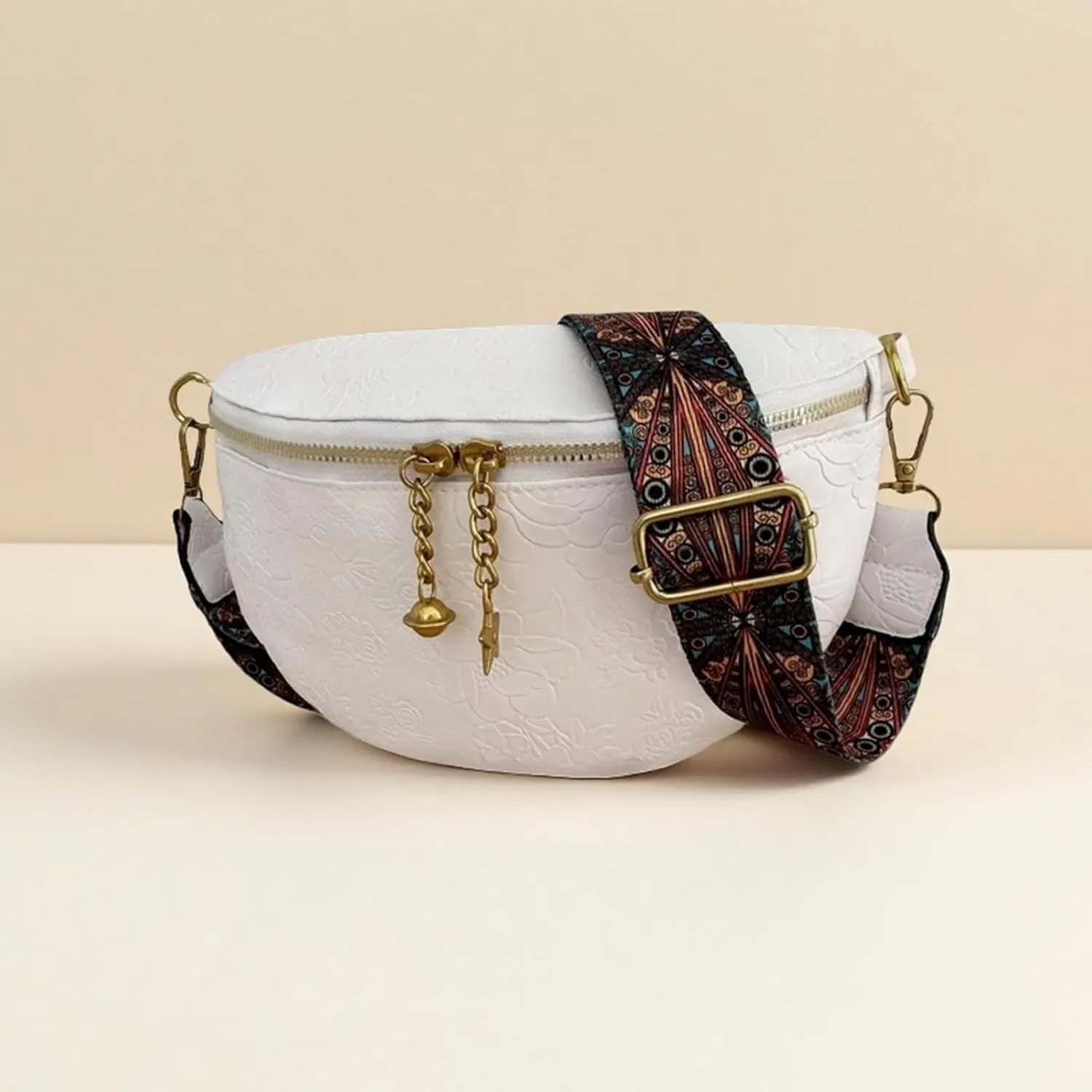 PU Leather Fanny Pack Crossbody Sling Bag for Women - Trendy Belt Bag with Adjustable Strap, Lightweight for Travel Daily Use (Embossed White)