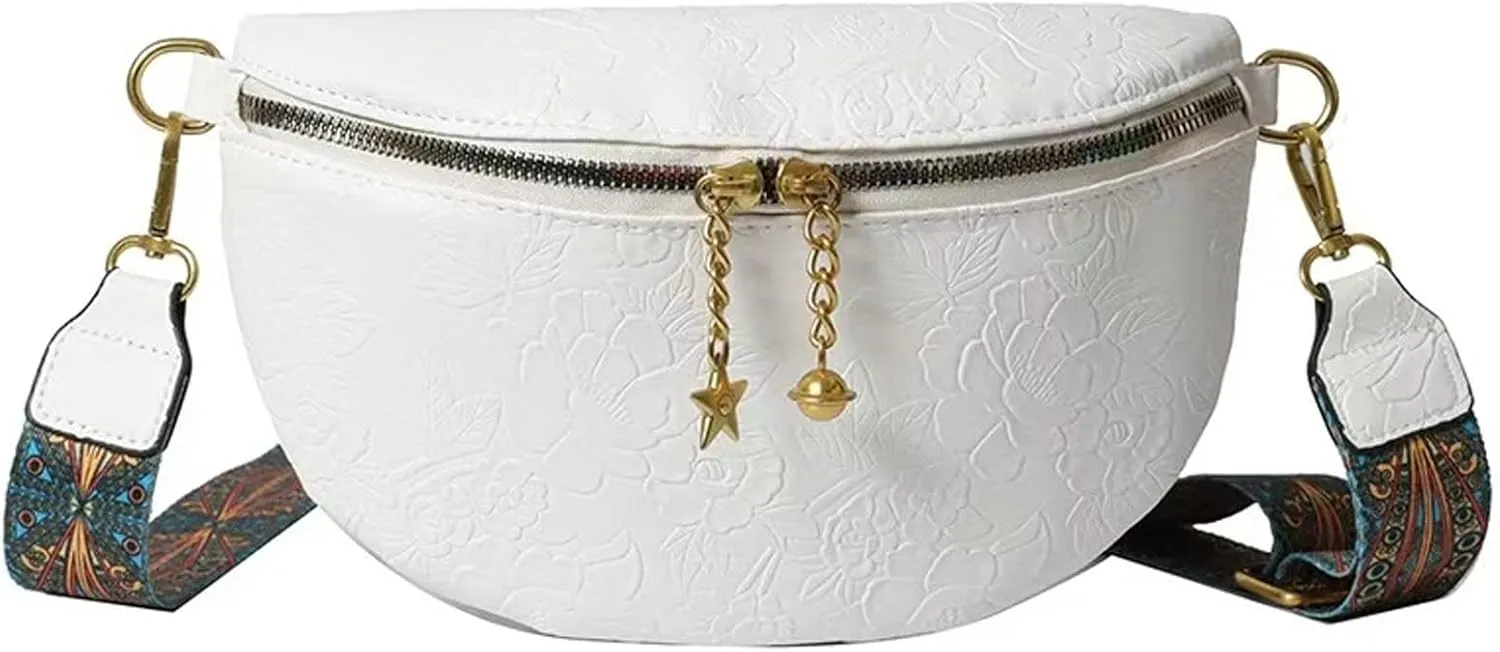 PU Leather Fanny Pack Crossbody Sling Bag for Women - Trendy Belt Bag with Adjustable Strap, Lightweight for Travel Daily Use (Embossed White)