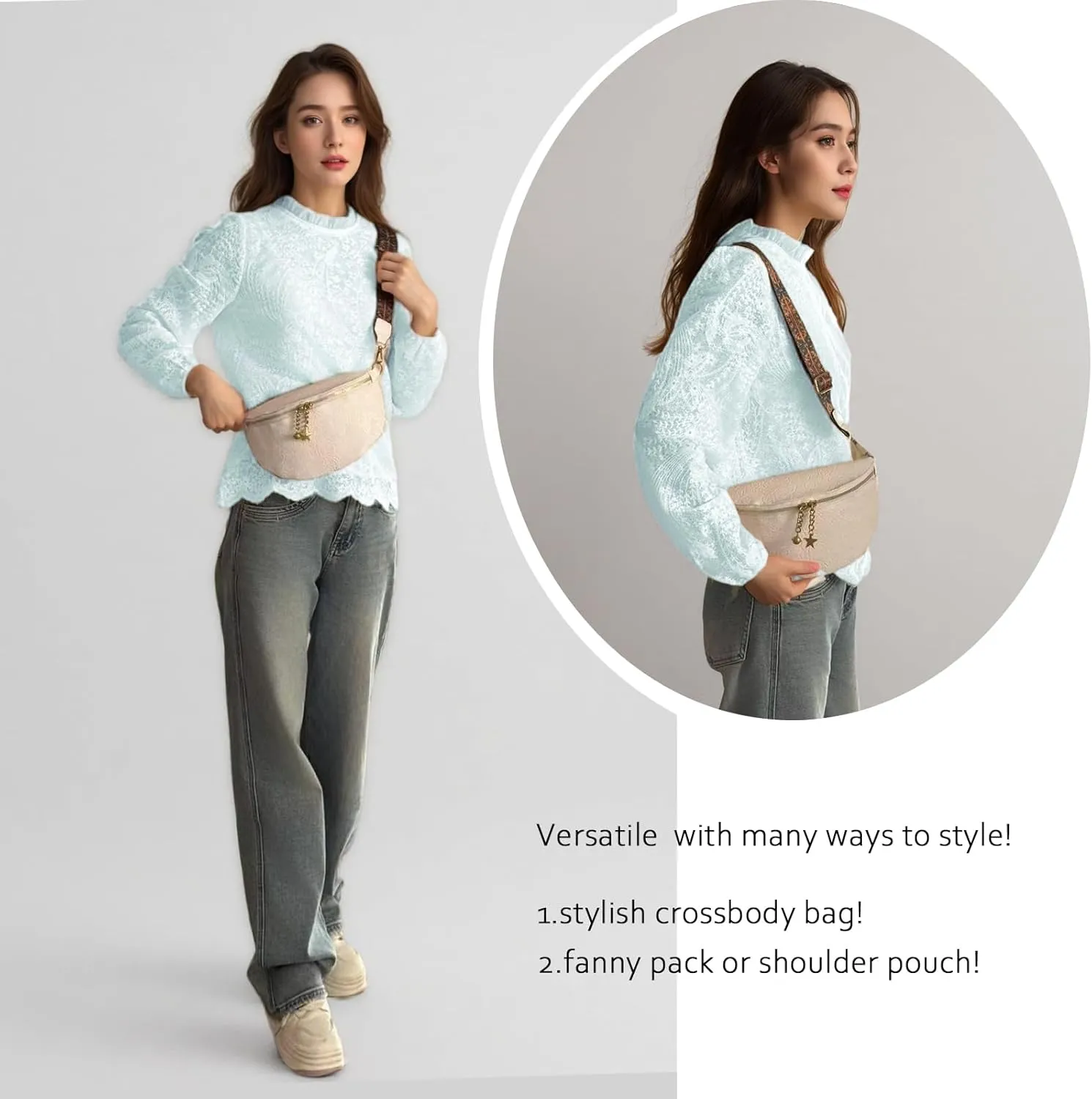 PU Leather Fanny Pack Crossbody Sling Bag for Women - Trendy Belt Bag with Adjustable Strap, Lightweight for Travel Daily Use (Embossed White)
