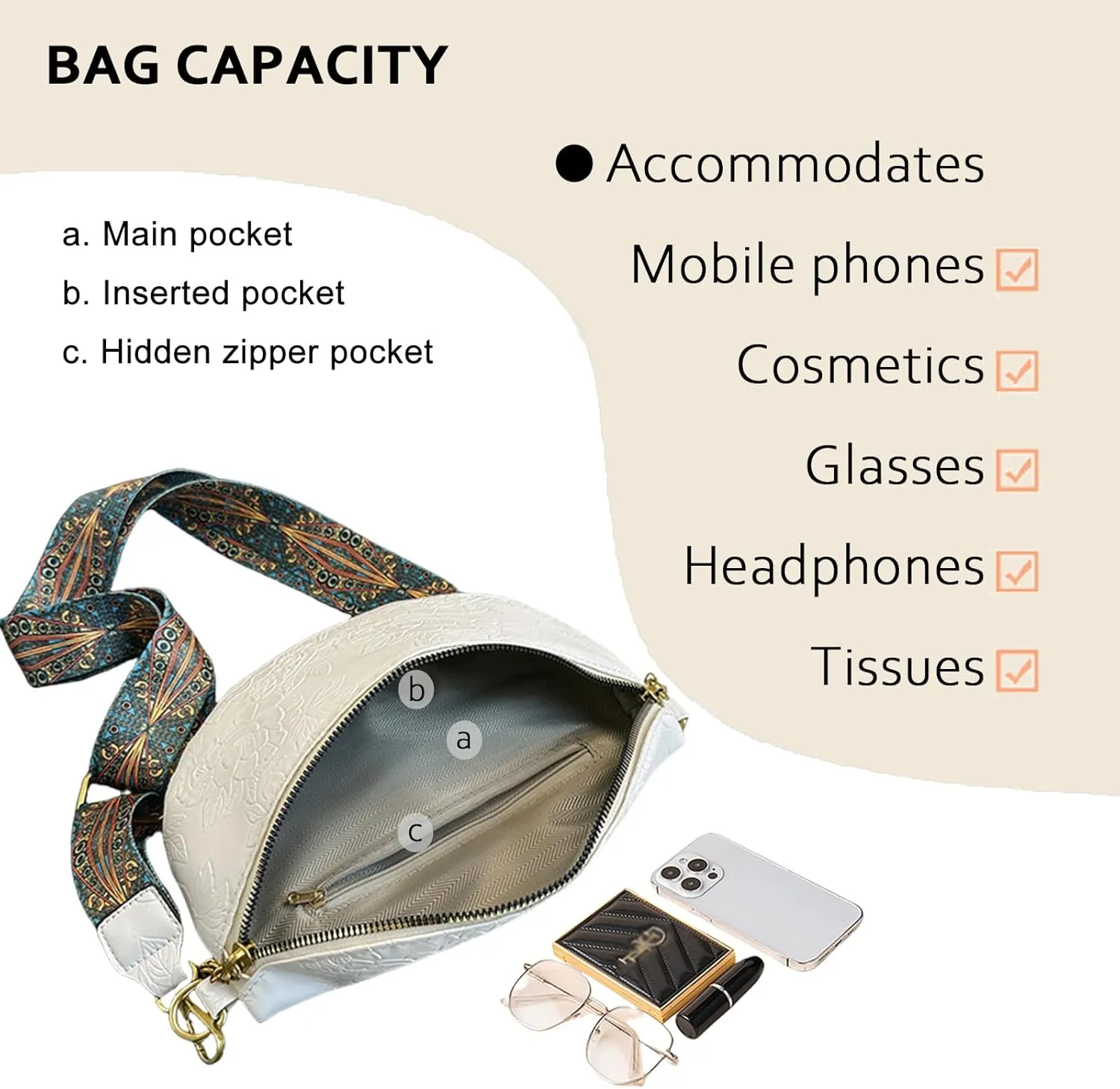 PU Leather Fanny Pack Crossbody Sling Bag for Women - Trendy Belt Bag with Adjustable Strap, Lightweight for Travel Daily Use (Embossed White)