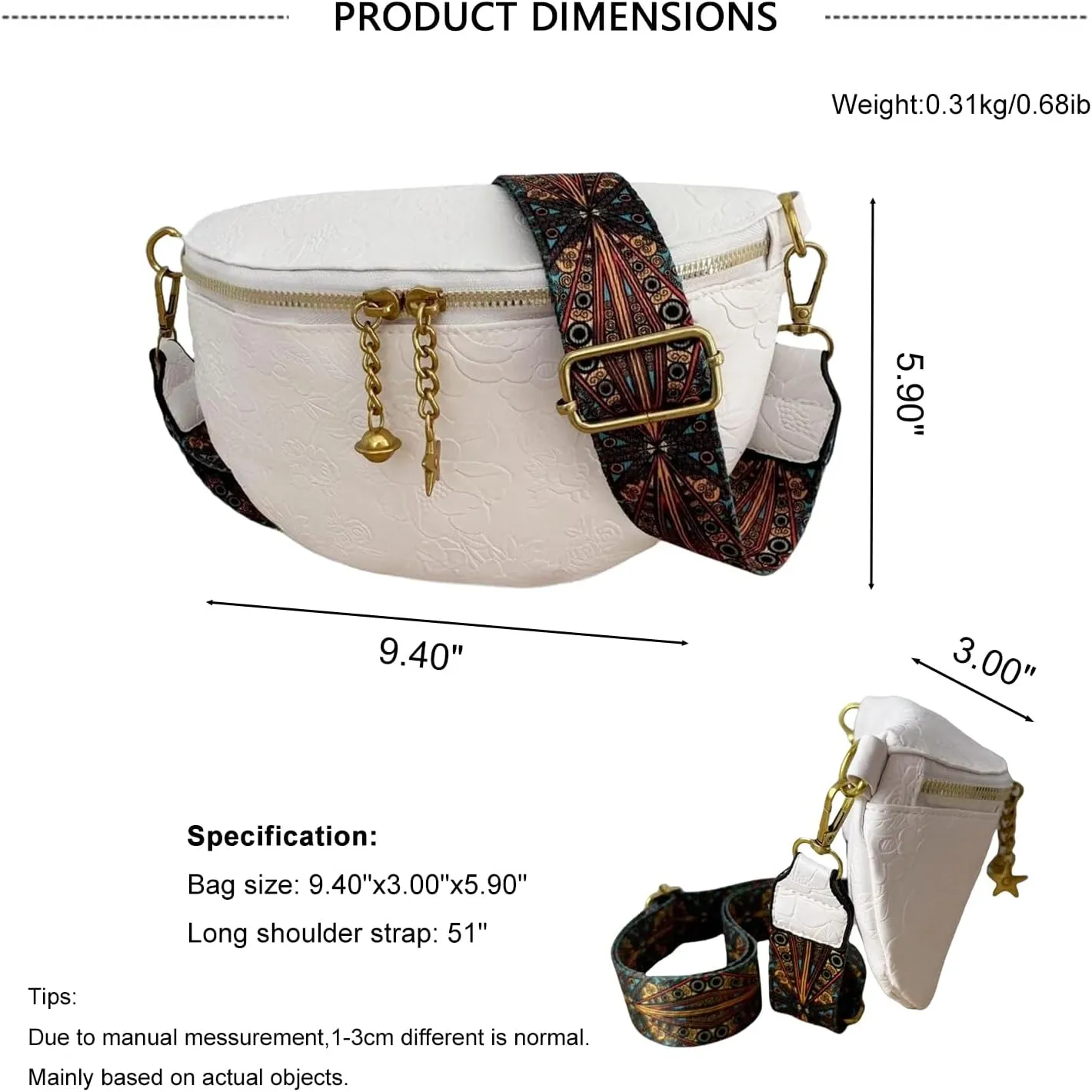 PU Leather Fanny Pack Crossbody Sling Bag for Women - Trendy Belt Bag with Adjustable Strap, Lightweight for Travel Daily Use (Embossed White)
