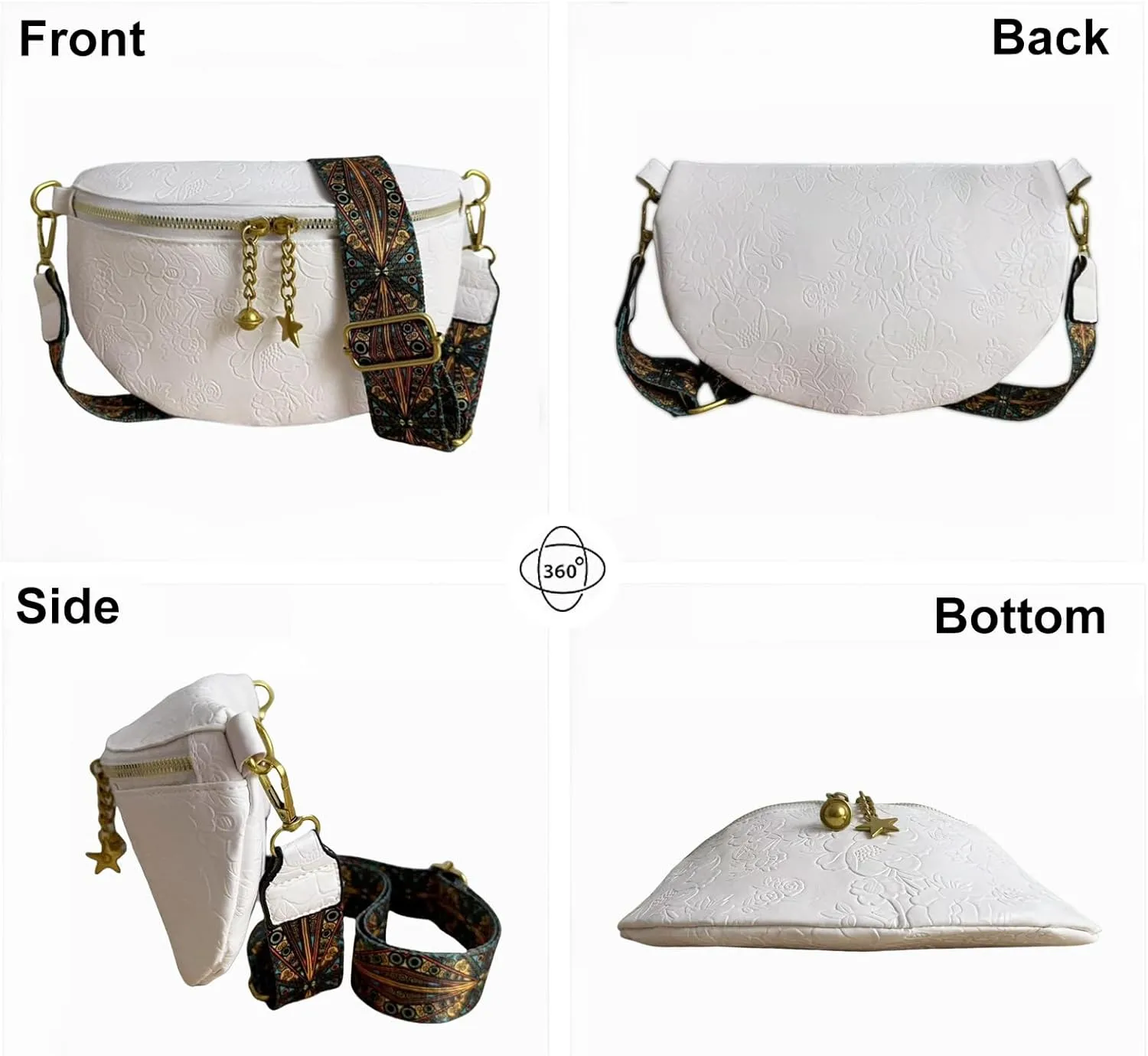 PU Leather Fanny Pack Crossbody Sling Bag for Women - Trendy Belt Bag with Adjustable Strap, Lightweight for Travel Daily Use (Embossed White)