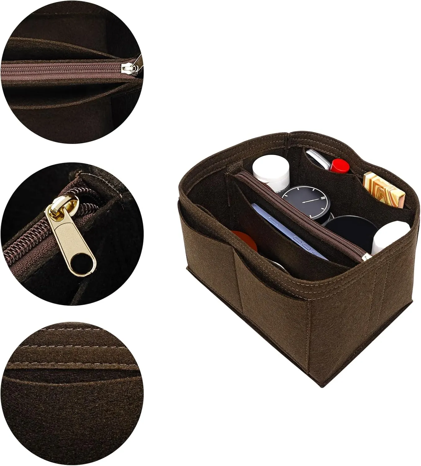 Purse Organizer Insert for LV Noe BB Bucket Bags,Tote Bag Organizer with zipper insert (Brown, Small)