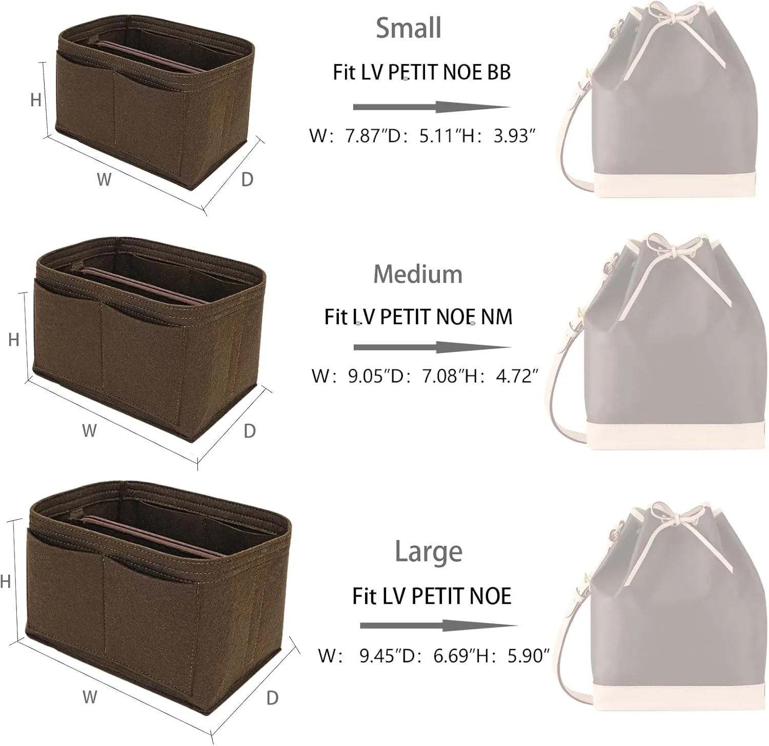 Purse Organizer Insert for LV Noe BB Bucket Bags,Tote Bag Organizer with zipper insert (Brown, Small)