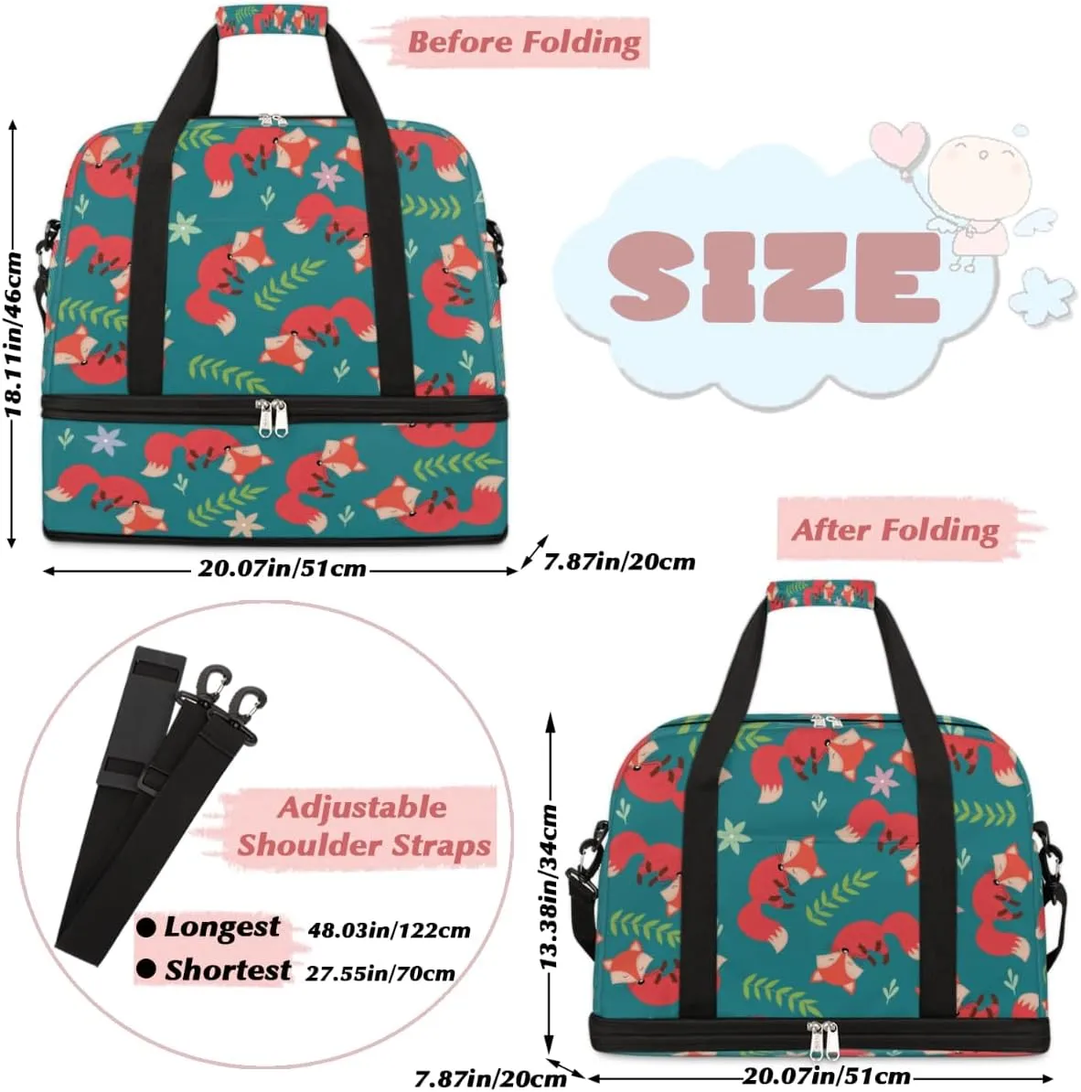 QsirBC Fox Amusing Decor Gym Bag for Women Duffle Tote with Shoes Compartment Men Weekender Duffel