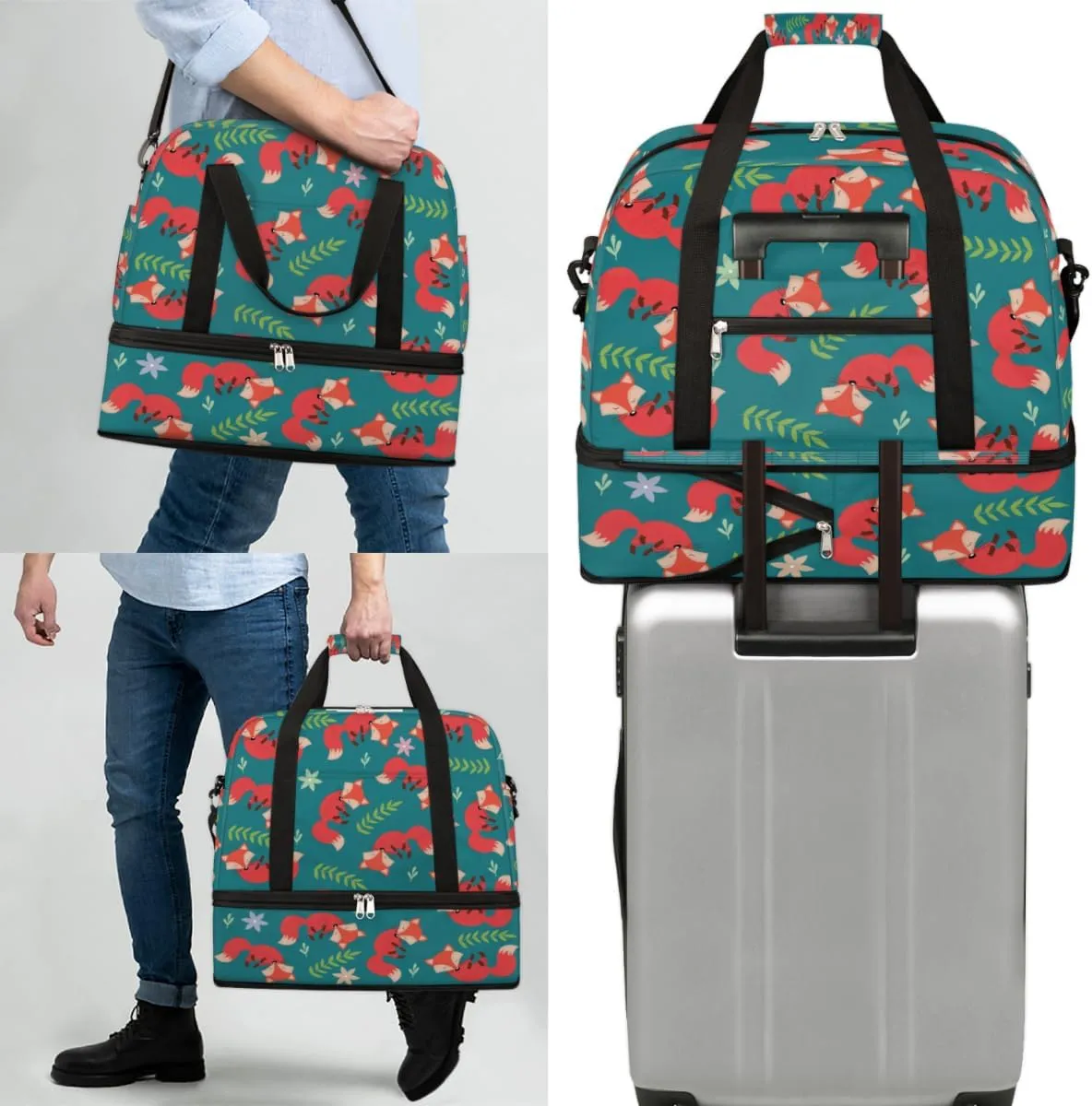 QsirBC Fox Amusing Decor Gym Bag for Women Duffle Tote with Shoes Compartment Men Weekender Duffel