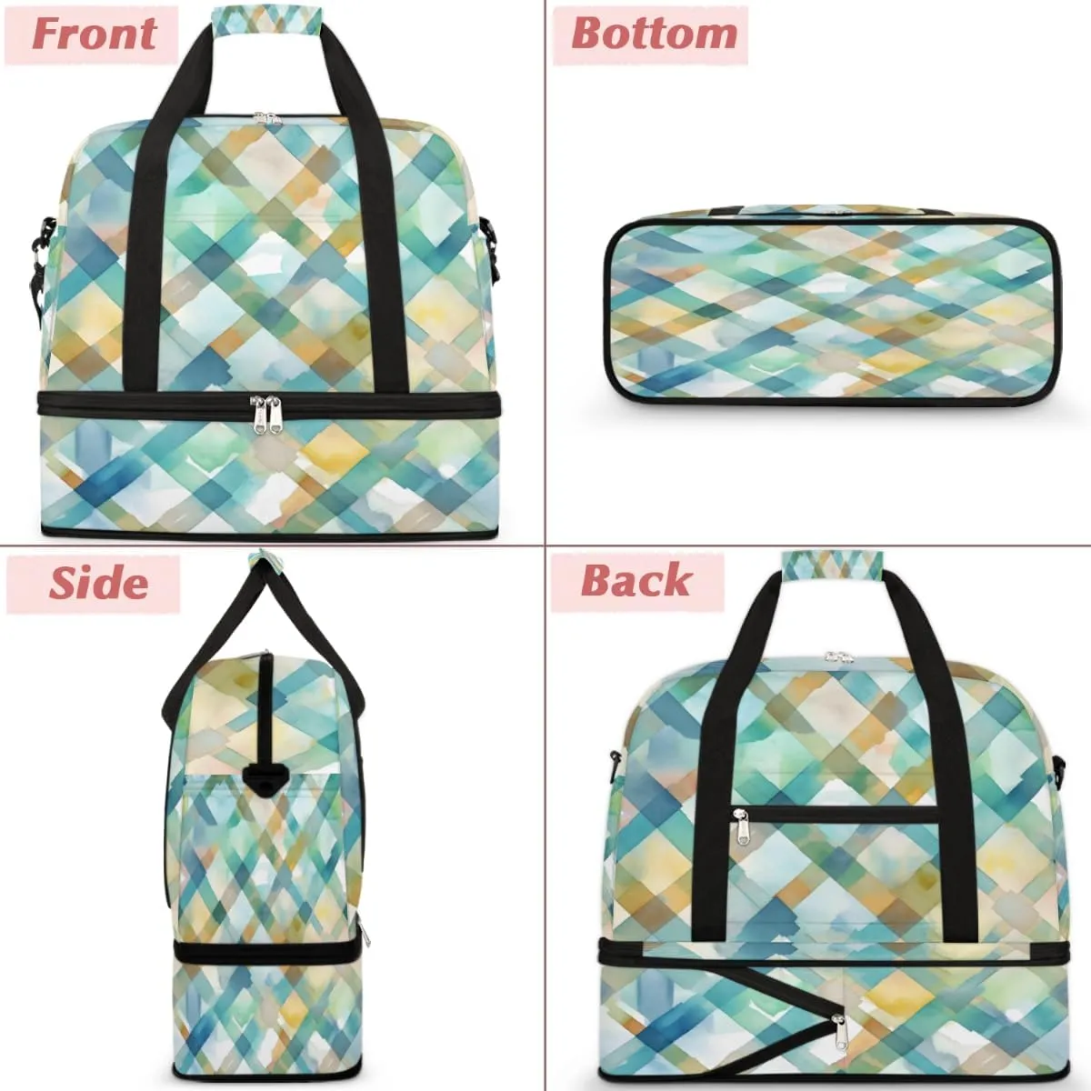 QsirBC Grid Pattern Decor Gym Bag for Women Duffle Tote with Shoes Compartment Men Weekender Duffel