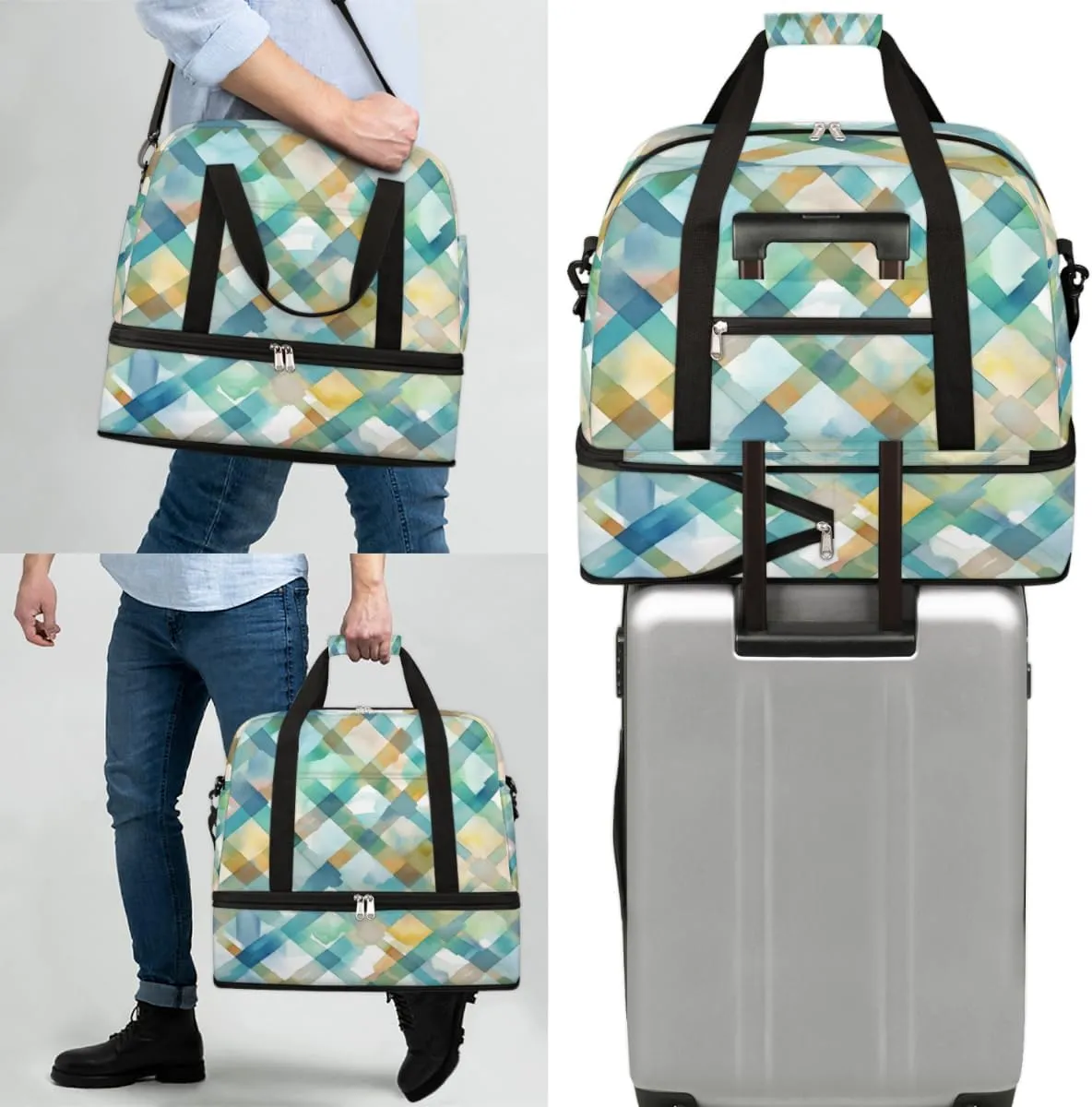 QsirBC Grid Pattern Decor Gym Bag for Women Duffle Tote with Shoes Compartment Men Weekender Duffel