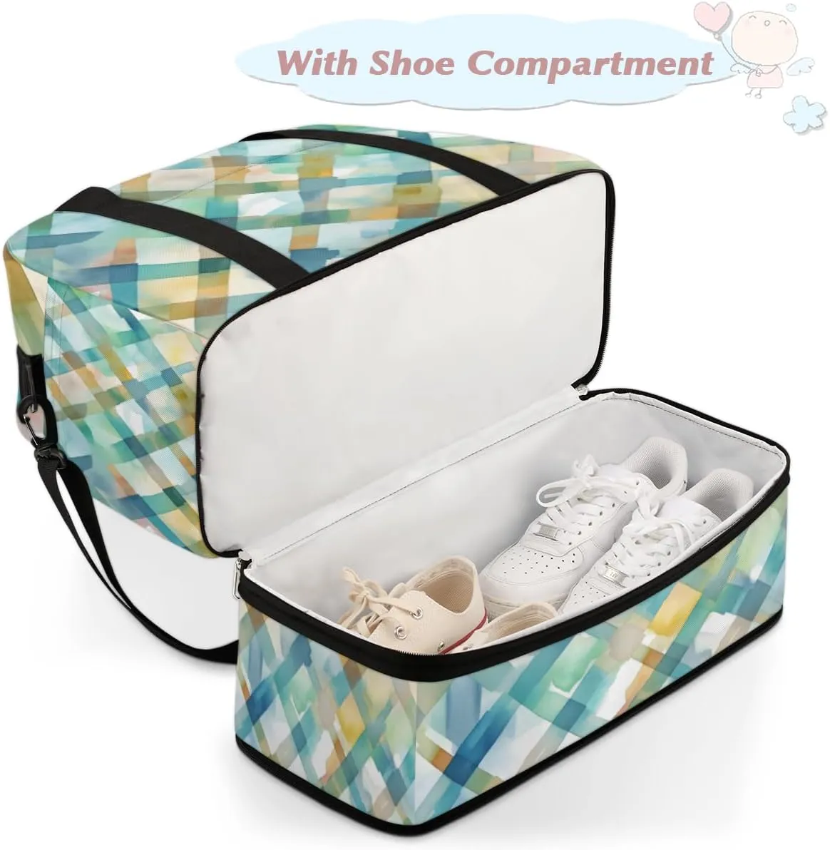 QsirBC Grid Pattern Decor Gym Bag for Women Duffle Tote with Shoes Compartment Men Weekender Duffel