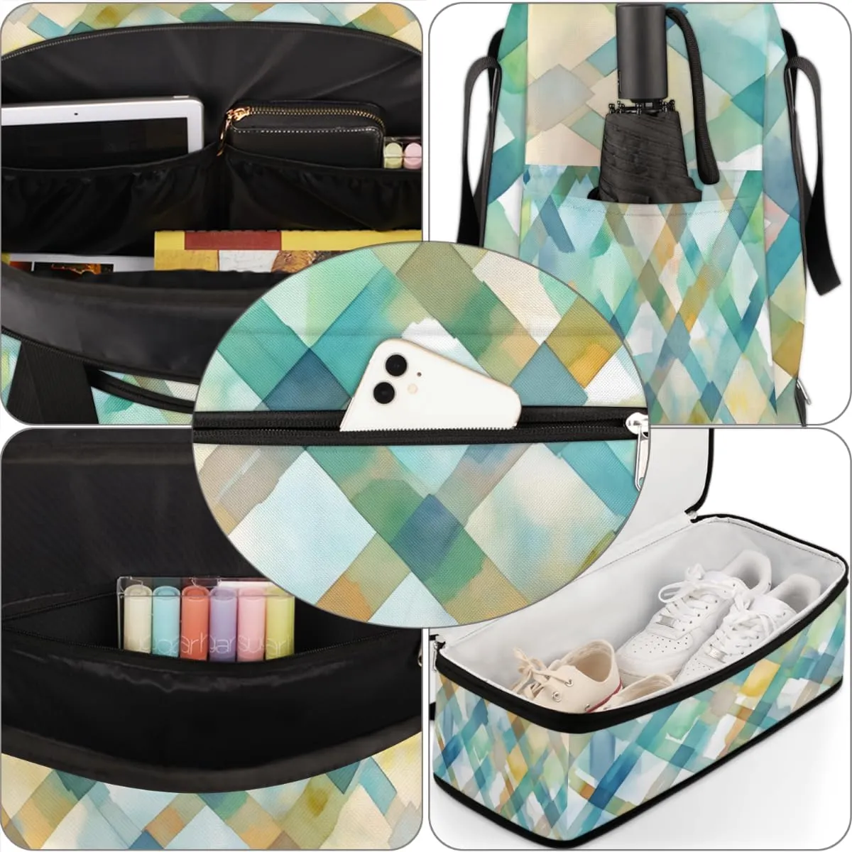 QsirBC Grid Pattern Decor Gym Bag for Women Duffle Tote with Shoes Compartment Men Weekender Duffel