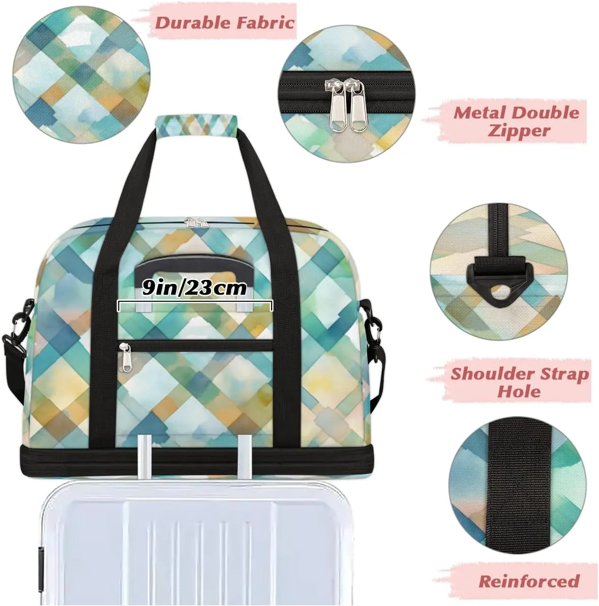 QsirBC Grid Pattern Decor Gym Bag for Women Duffle Tote with Shoes Compartment Men Weekender Duffel