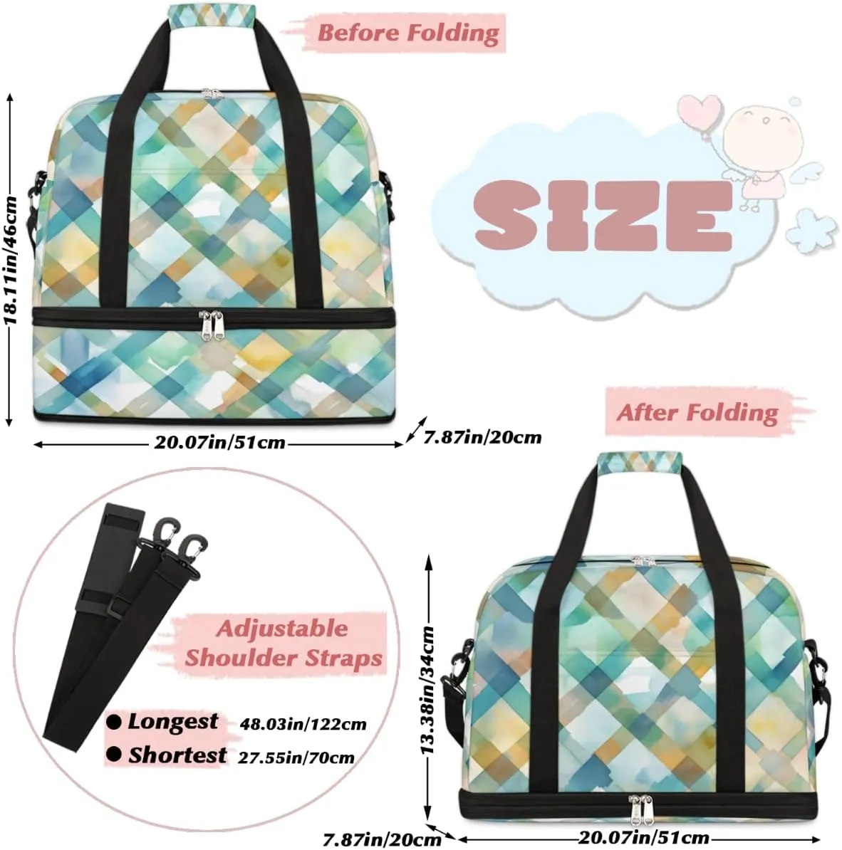 QsirBC Grid Pattern Decor Gym Bag for Women Duffle Tote with Shoes Compartment Men Weekender Duffel