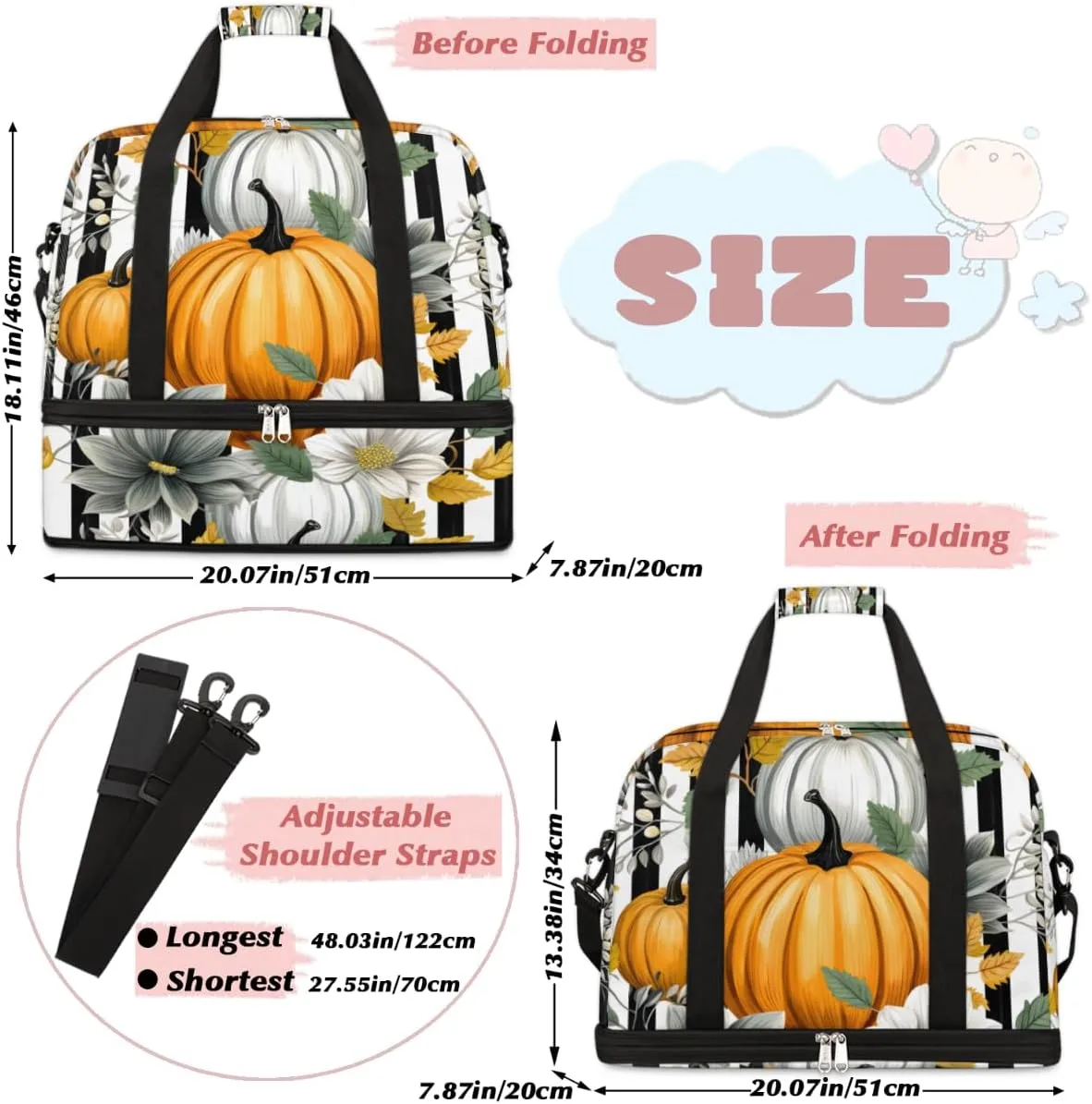 QsirBC Pumpkin Funny Gym Bag for Women Duffle Tote with Shoes Compartment Men Weekender Duffel