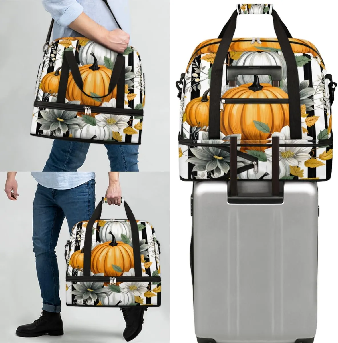 QsirBC Pumpkin Funny Gym Bag for Women Duffle Tote with Shoes Compartment Men Weekender Duffel