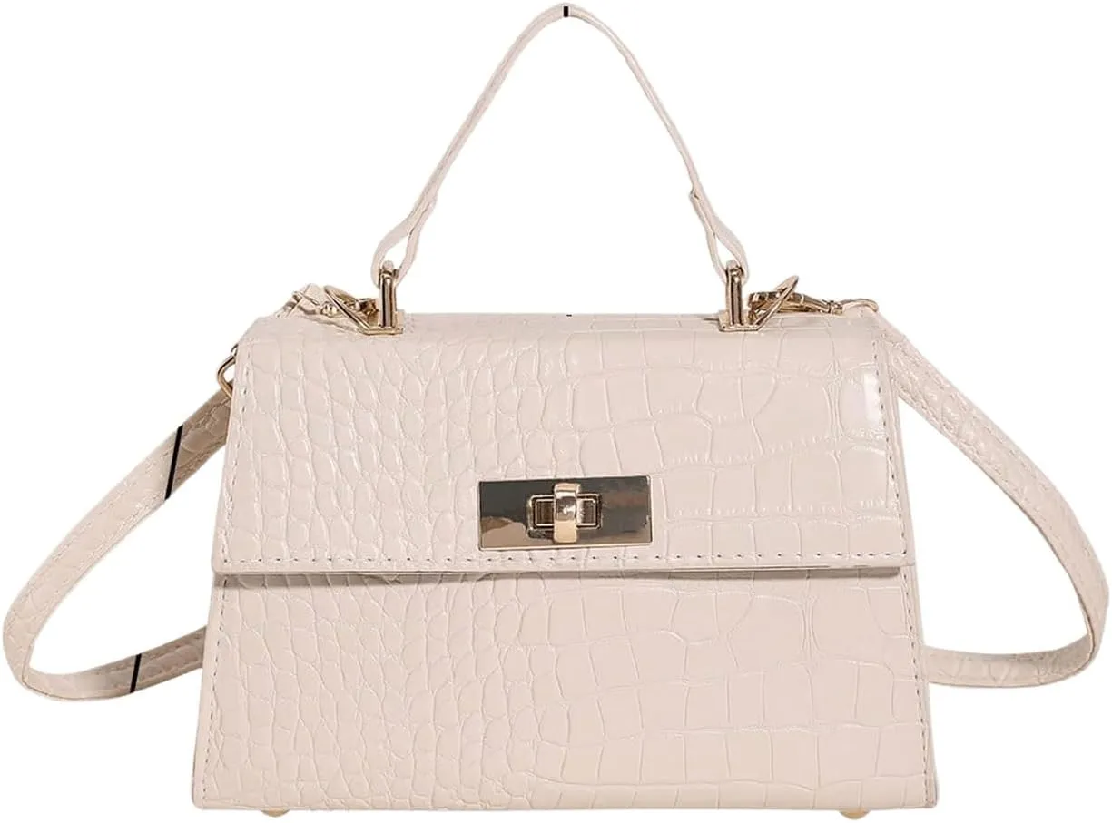 QWINEE Women's Elegant PU Leather Crossbody Bag Double Handle Crocodile Embossed Small Shoulder Bag