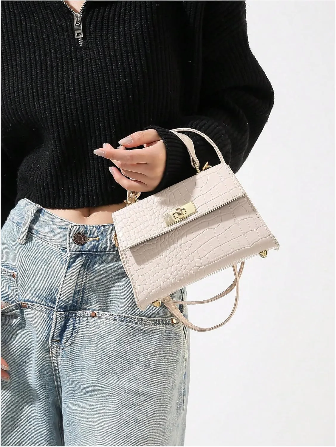 QWINEE Women's Elegant PU Leather Crossbody Bag Double Handle Crocodile Embossed Small Shoulder Bag