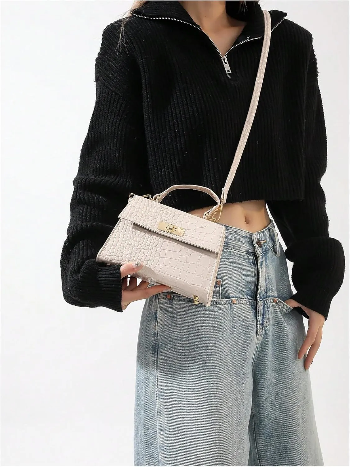 QWINEE Women's Elegant PU Leather Crossbody Bag Double Handle Crocodile Embossed Small Shoulder Bag