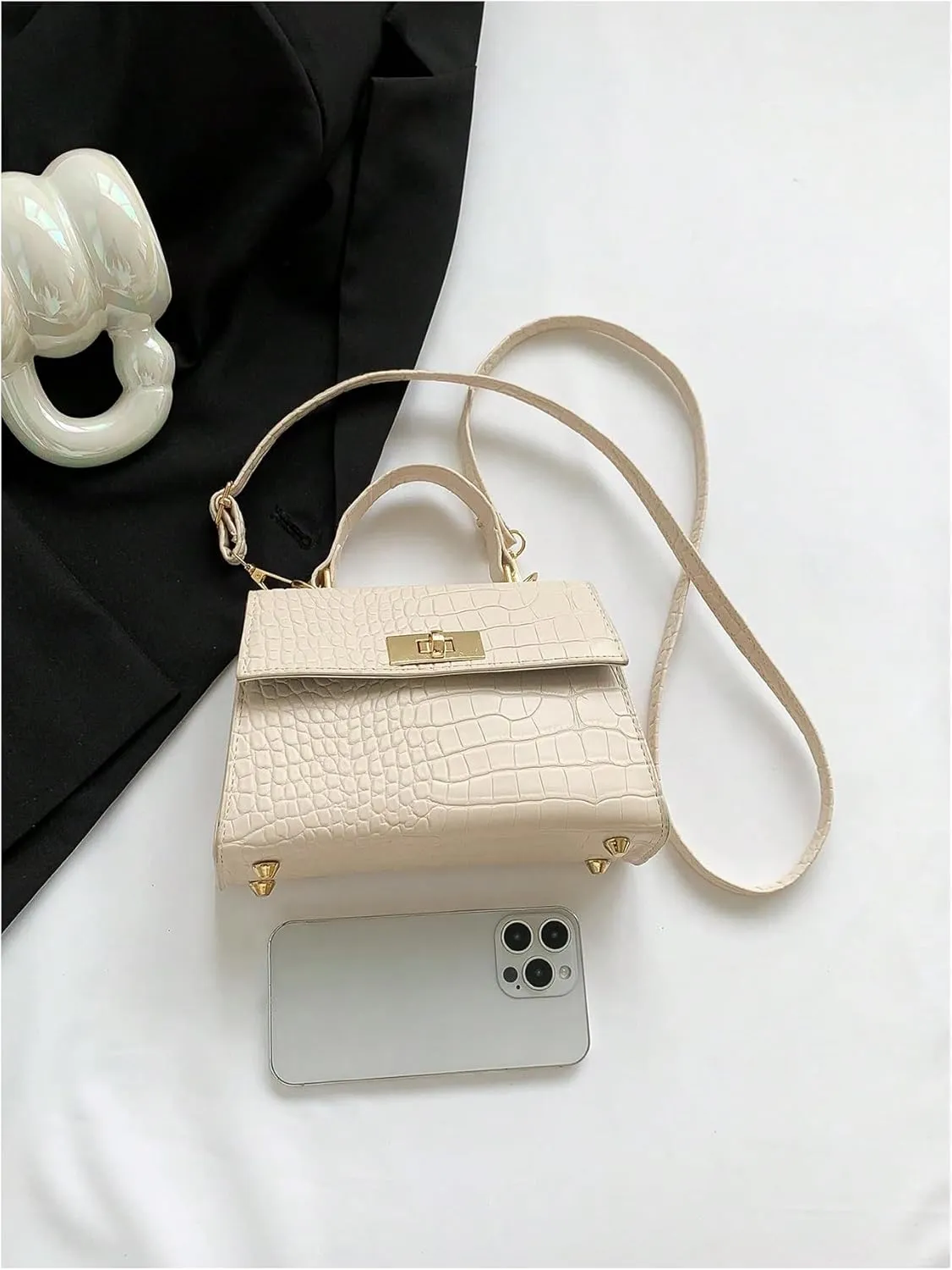 QWINEE Women's Elegant PU Leather Crossbody Bag Double Handle Crocodile Embossed Small Shoulder Bag
