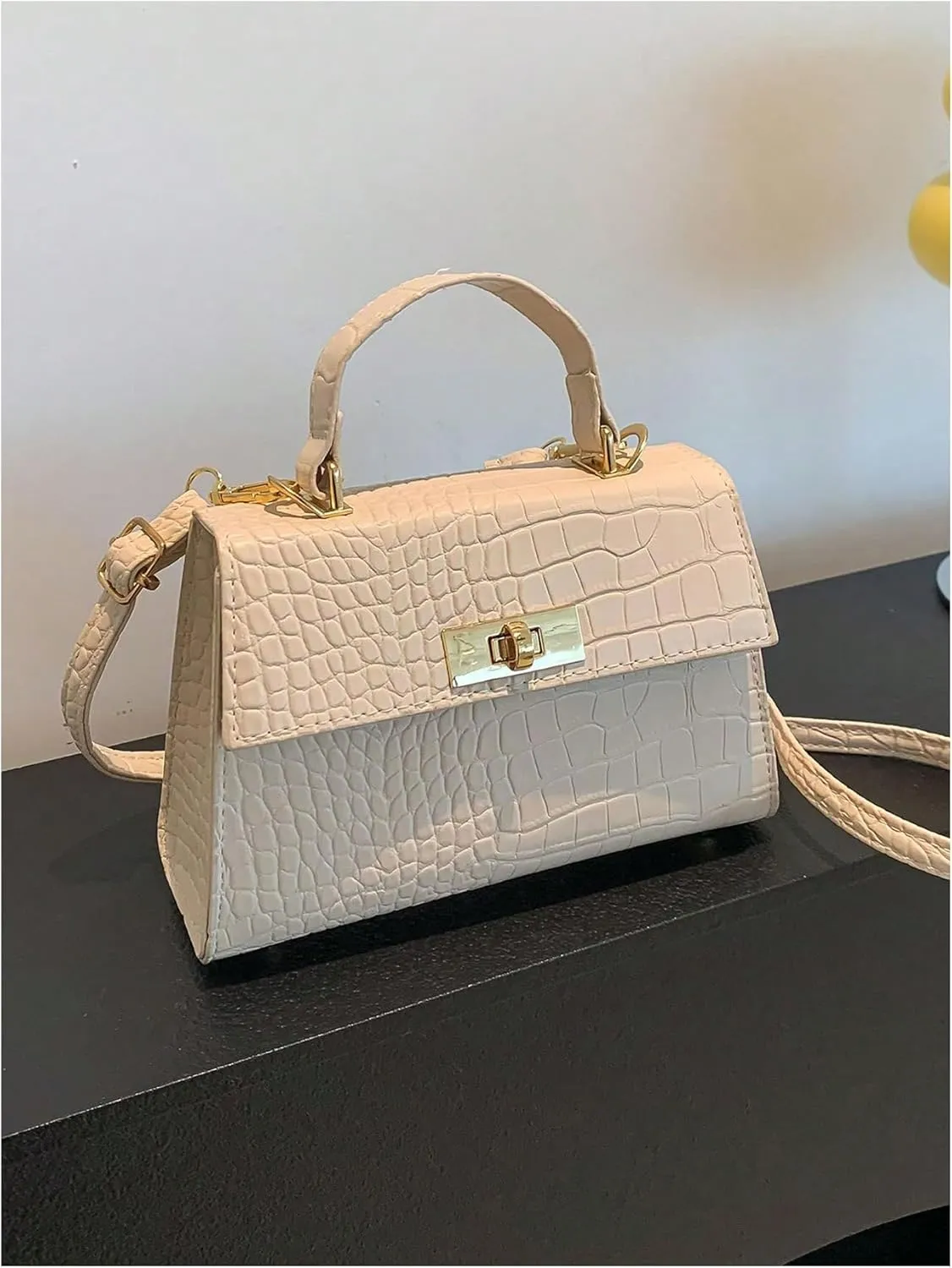 QWINEE Women's Elegant PU Leather Crossbody Bag Double Handle Crocodile Embossed Small Shoulder Bag