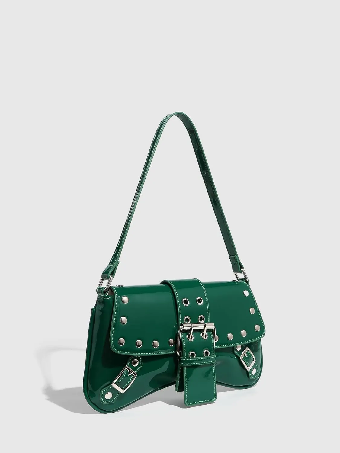 QWINEE Women's Y2K Studded Metal Buckle Shoulder Bag Magnet Zipper Punk Underarm Purse