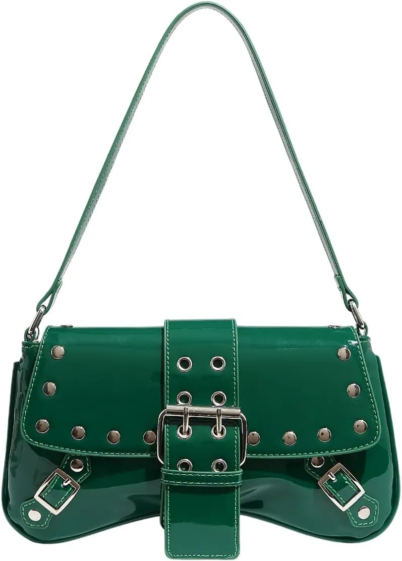 QWINEE Women's Y2K Studded Metal Buckle Shoulder Bag Magnet Zipper Punk Underarm Purse