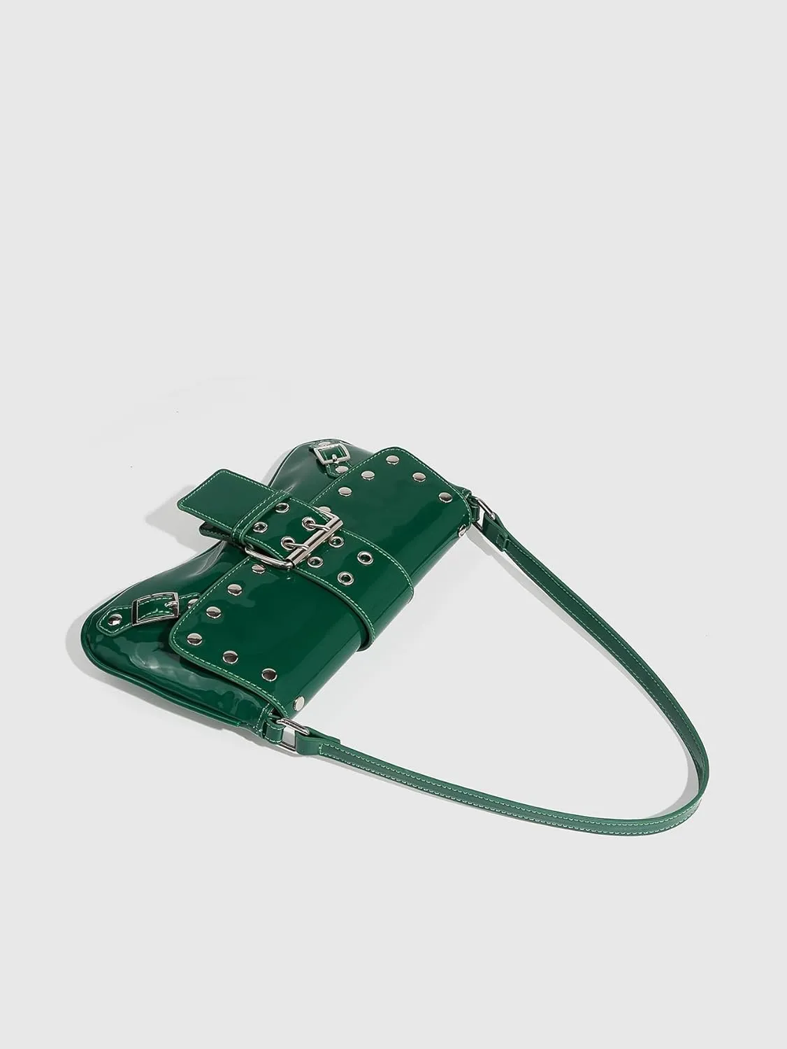 QWINEE Women's Y2K Studded Metal Buckle Shoulder Bag Magnet Zipper Punk Underarm Purse